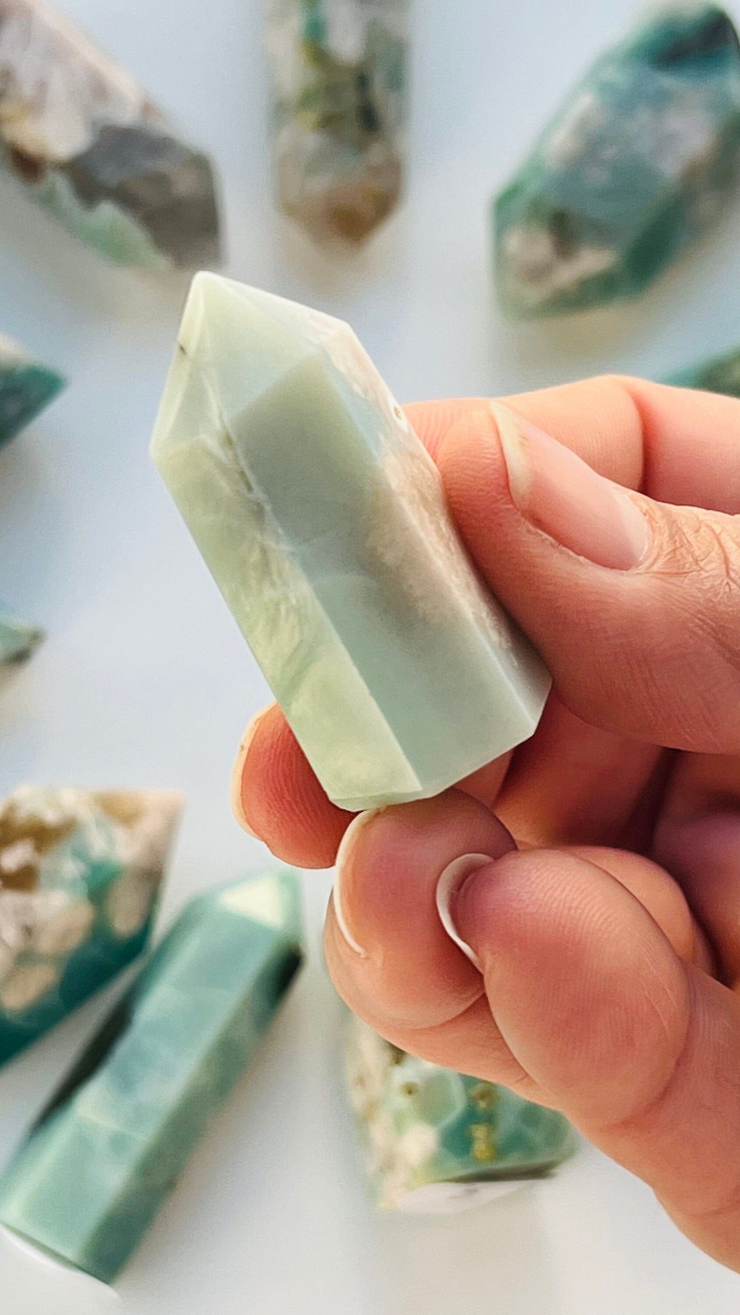 Green Flower Agate Tower 1 1/2 inches 20. grams with wonderful flower pattern, perfect for any crystal or cottage core lover