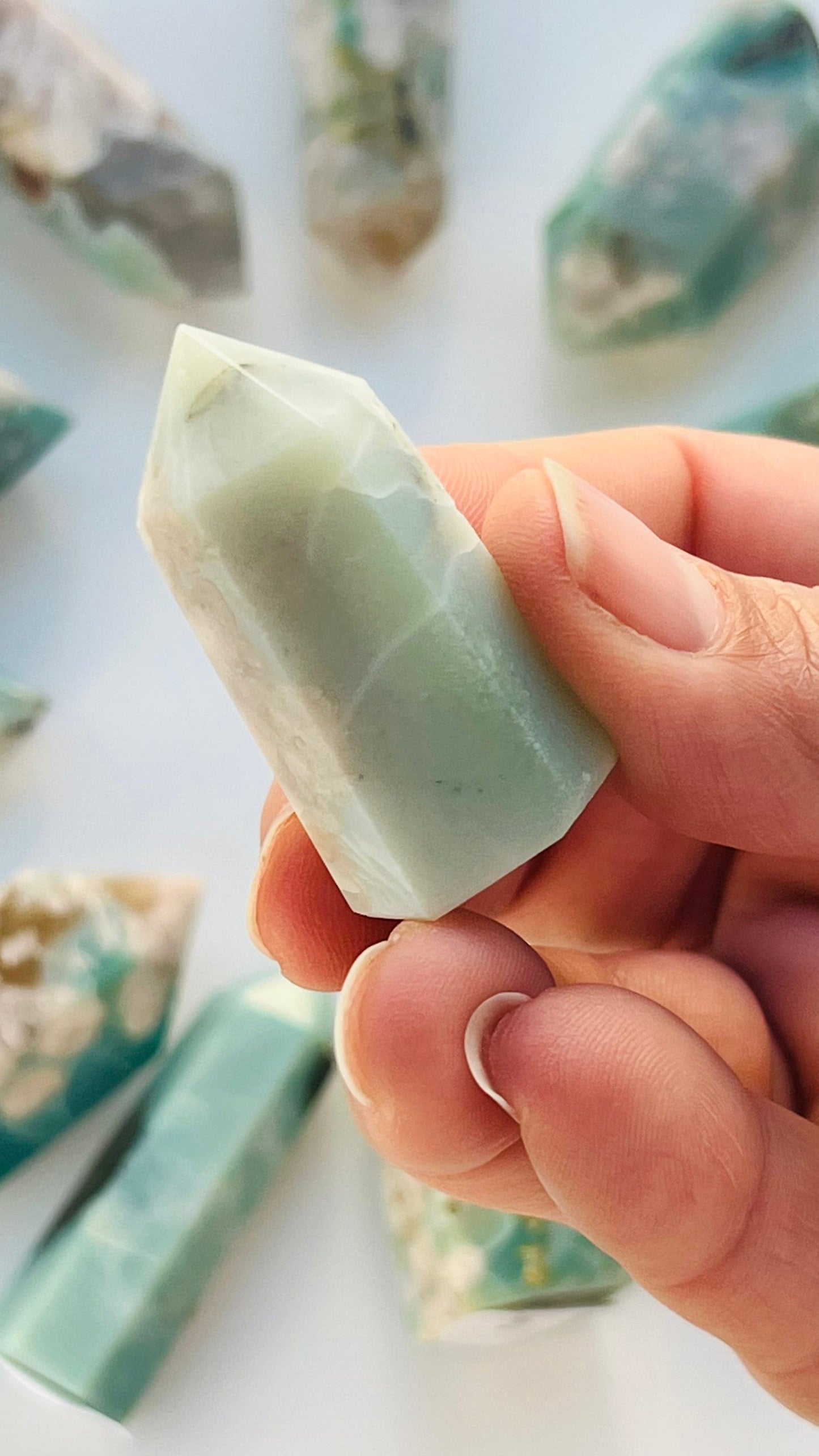 Green Flower Agate Tower 1 1/2 inches 20. grams with wonderful flower pattern, perfect for any crystal or cottage core lover