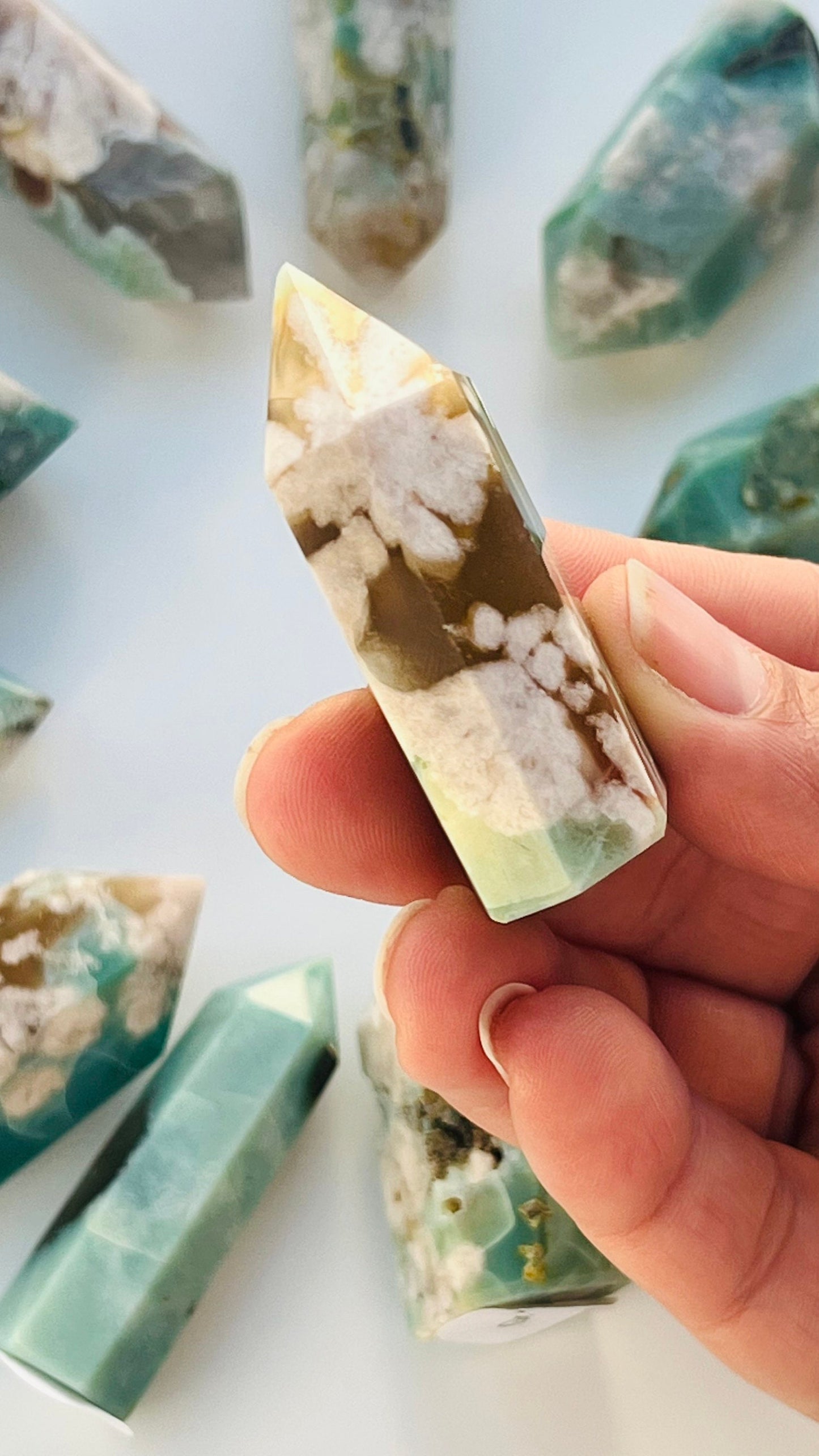 Green Flower Agate Tower approx 2" inches 44.2 grams grams|| Feminine energy || small chip tip || Heart and root chakra ||