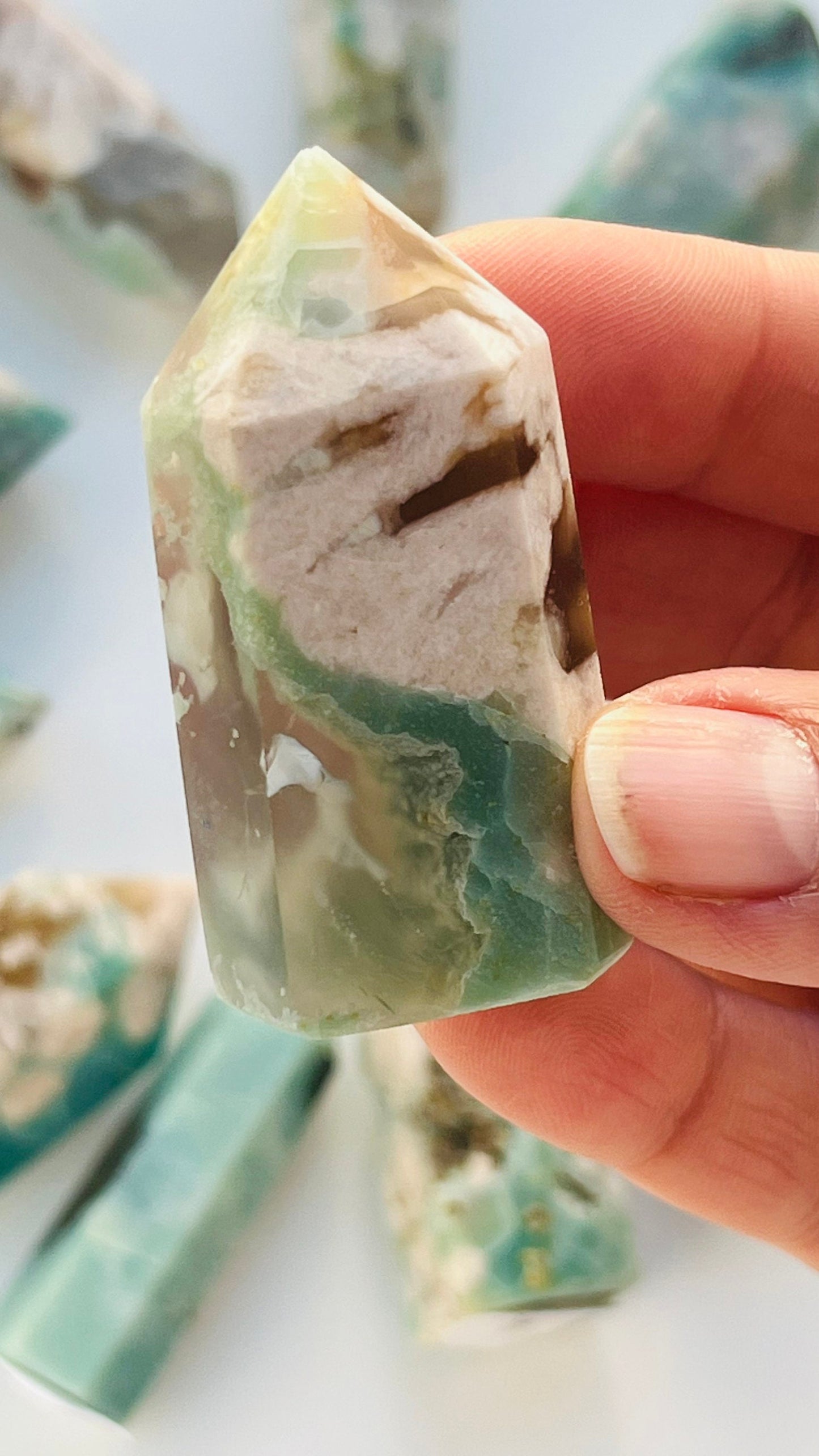 Green Flower Agate Tower approx 2" inches 44.2 grams grams|| Feminine energy || small chip tip || Heart and root chakra ||