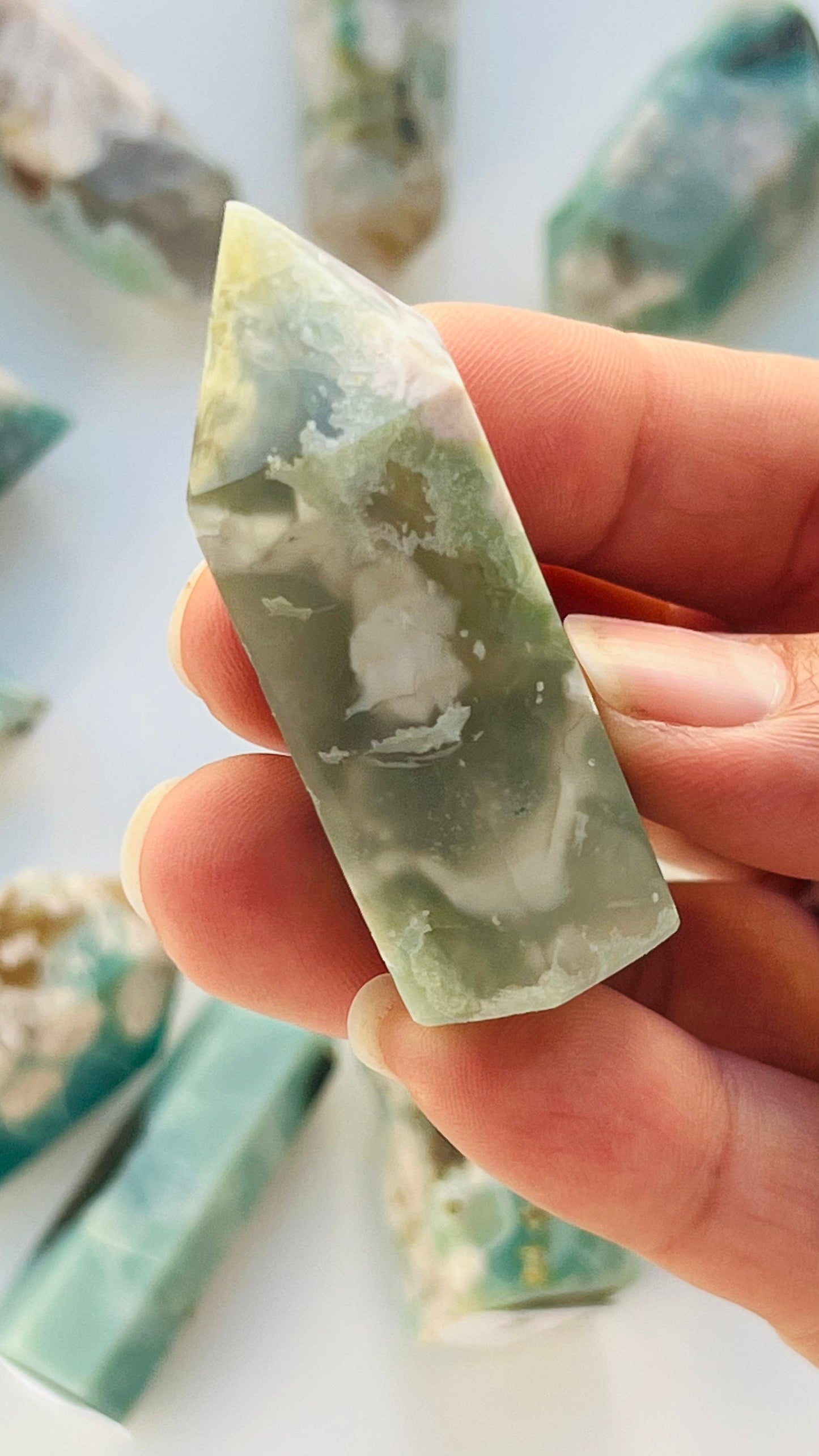Green Flower Agate Tower approx 2" inches 44.2 grams grams|| Feminine energy || small chip tip || Heart and root chakra ||