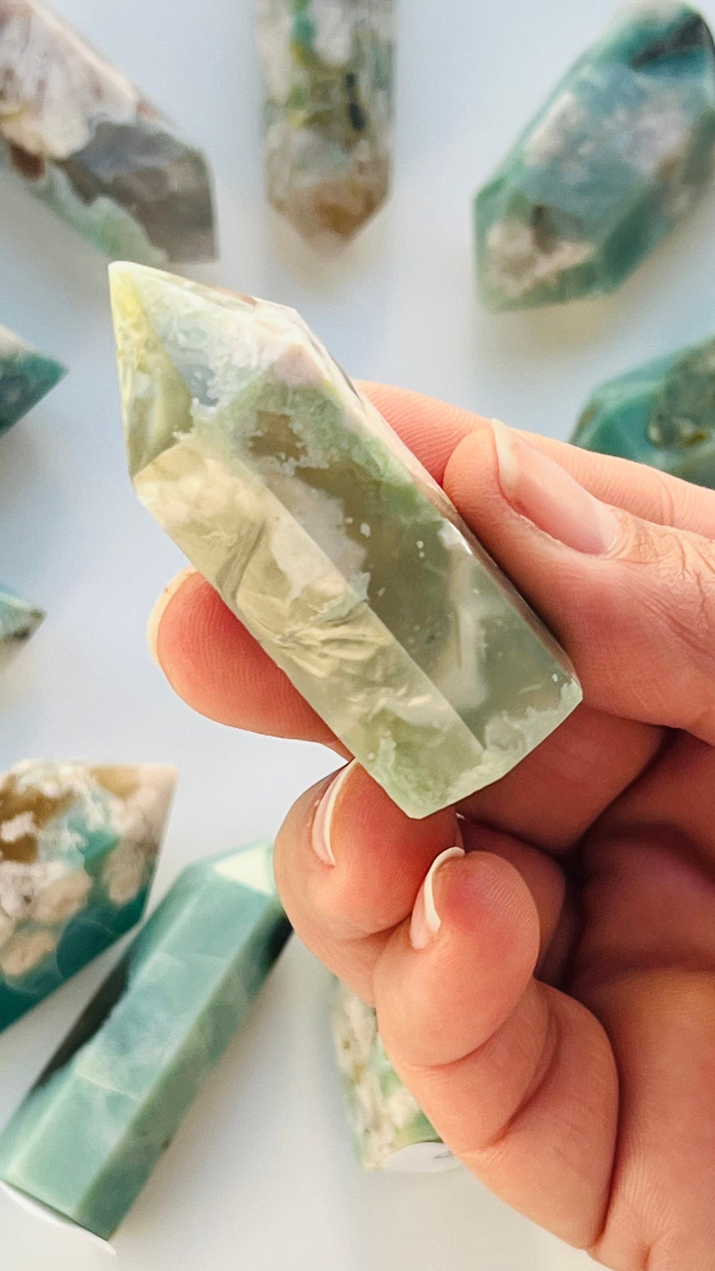 Green Flower Agate Tower approx 2" inches 44.2 grams grams|| Feminine energy || small chip tip || Heart and root chakra ||