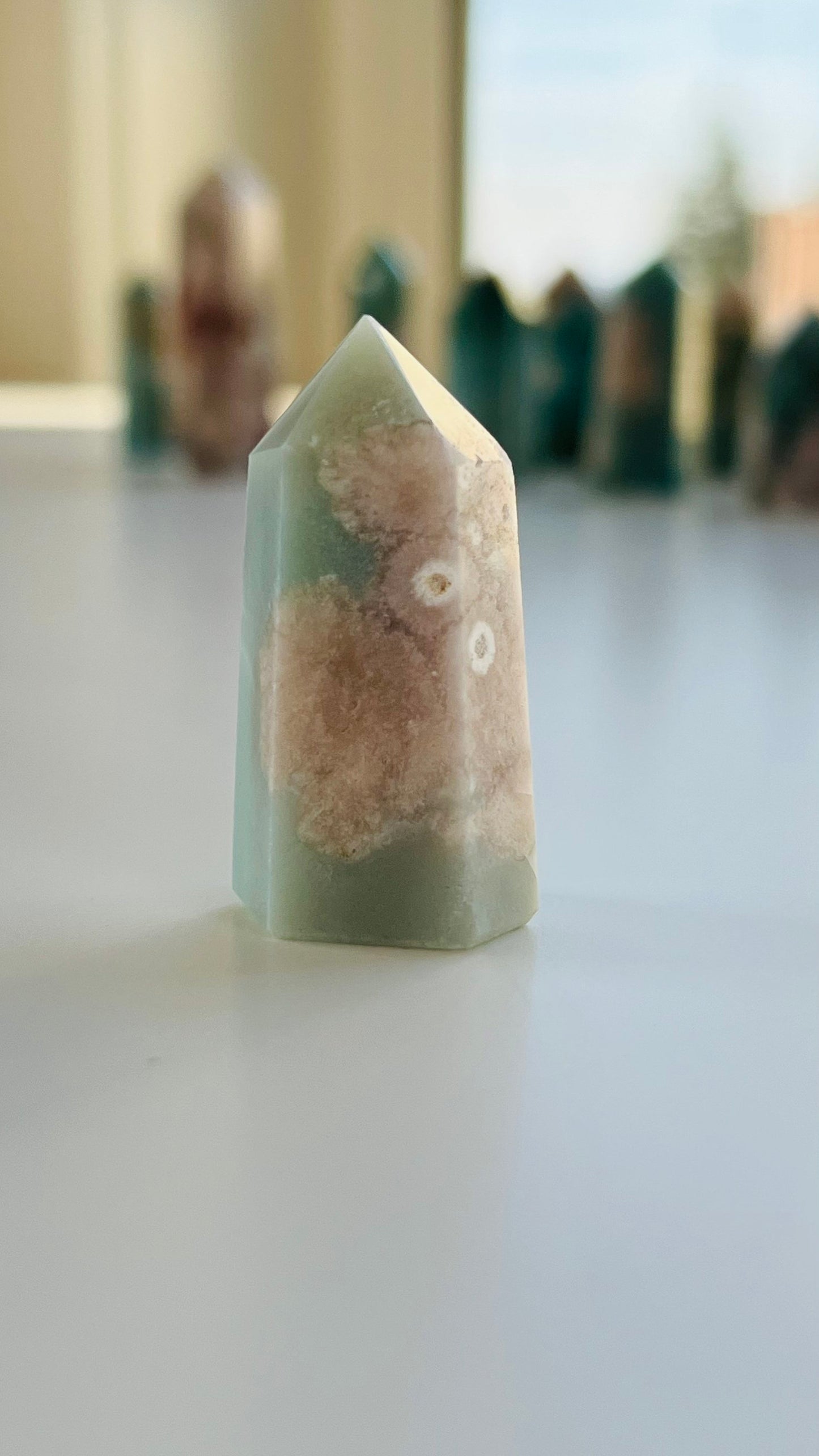 Green Flower Agate Tower 1 1/2 inches 20. grams with wonderful flower pattern, perfect for any crystal or cottage core lover