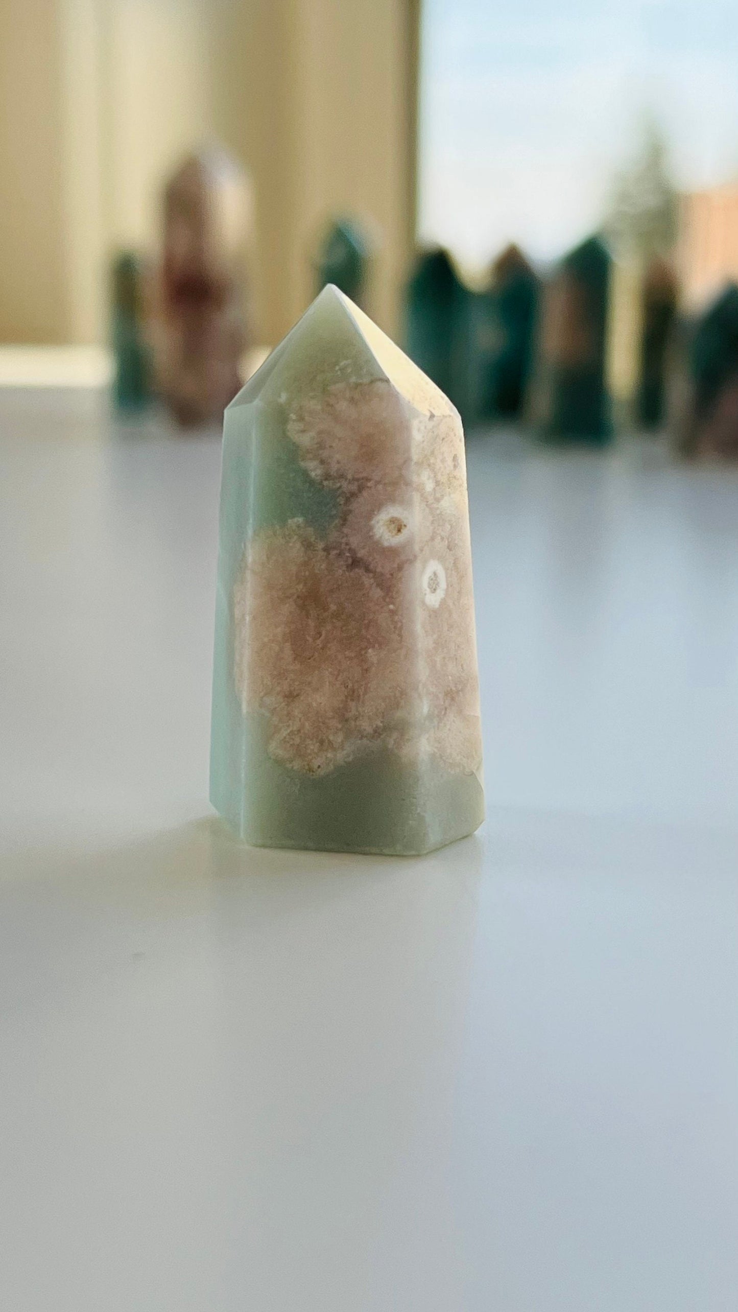 Green Flower Agate Tower 1 1/2 inches 20. grams || Feminine energy || Inspiration crystal || Heart and root chakra ||