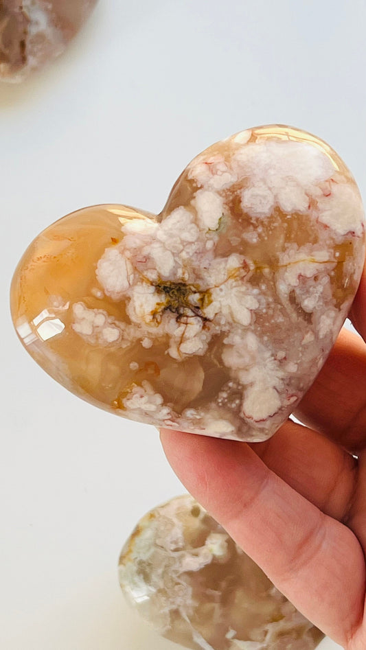 Beautiful flower agate heart carving || 3" 5.9 oz || soft neutral colors with pink and peach colored blossom patterns || .