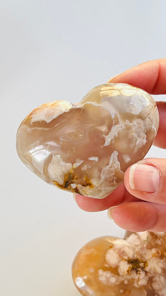 Beautiful flower agate heart carving || 3" 4.8 oz || soft neutral colors with pink and peach colored blossom patterns || .