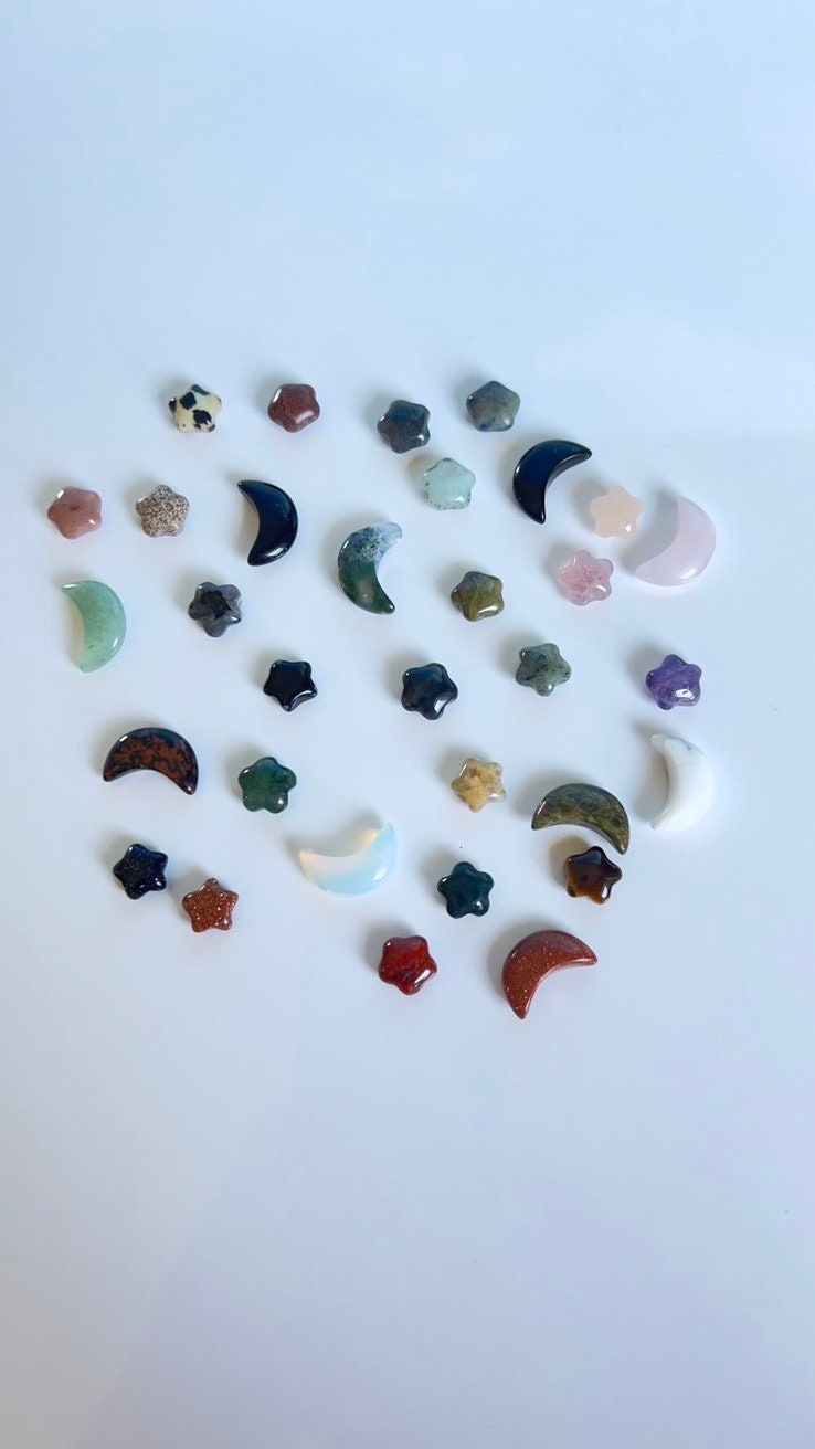 ORIGINAL MINI MIX, 3 oz of random Crystal Minis, Mushrooms, Hearts, Spheres, Moons, Stars, animals, Towers, and Pyramid carvings.