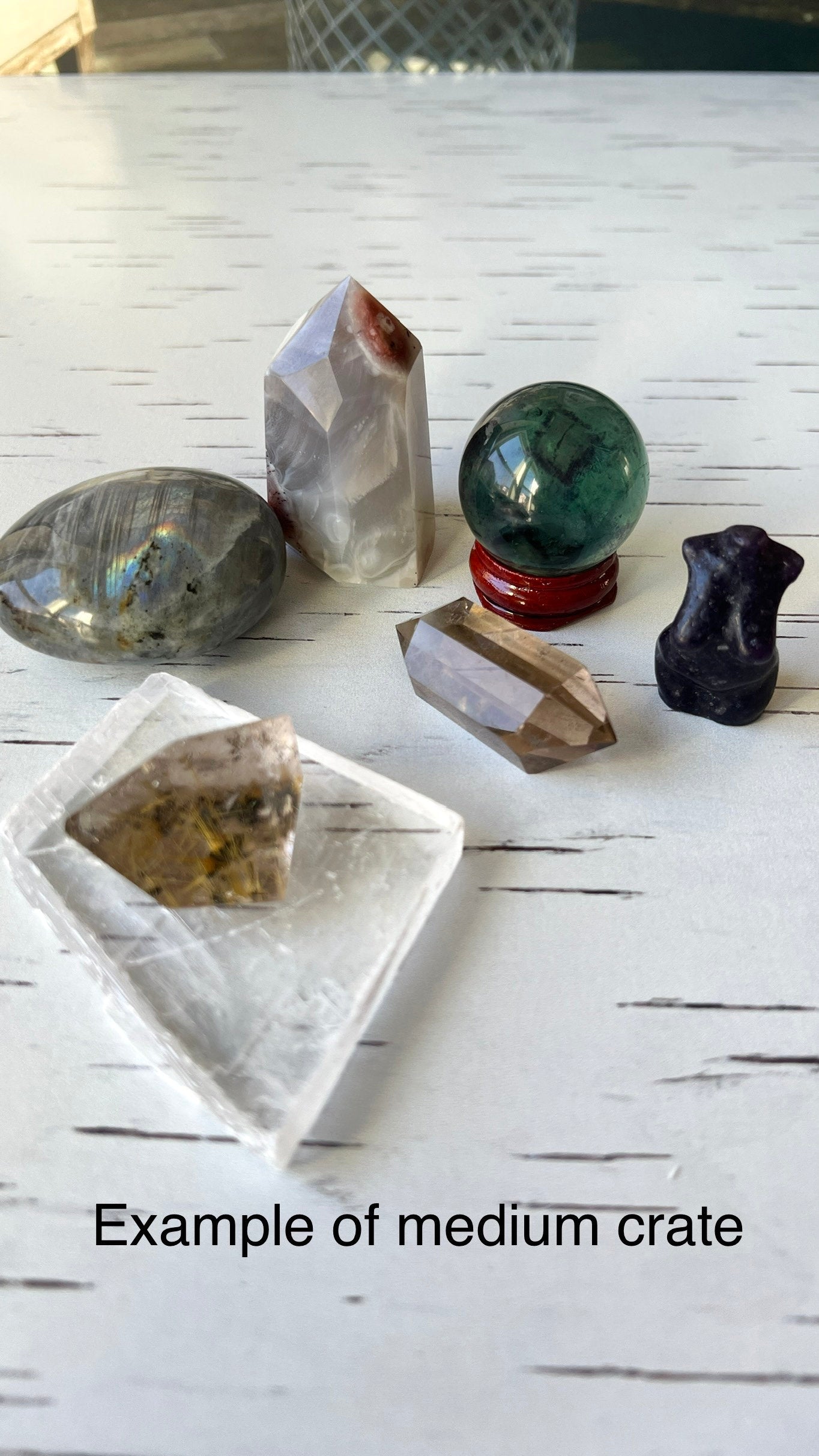 Curious Crystal Crates, AKA Mystery boxes, filled with unique and wonderful crystals - actual contents of mystery boxes will vary.