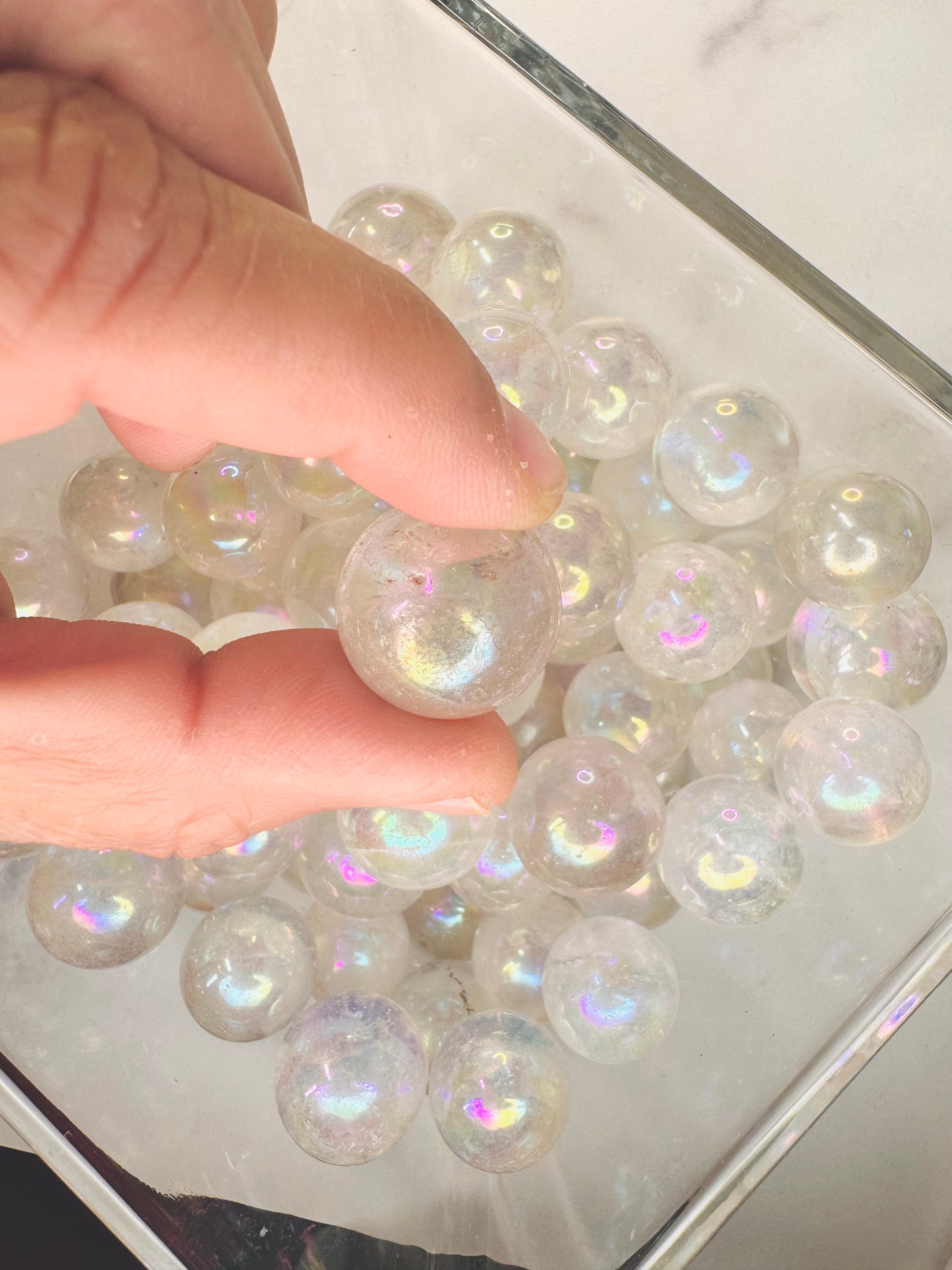Aura Coated Quartz Mini Sphere  Iridescent Crystal Pocket Stone • Rainbow Quartz Collectible Sphere for Gifts & Decor