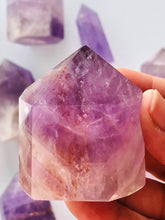 Load image into Gallery viewer, Beautiful 2 1/2 inch Amethyst Point with inclusions weighs 5 oz. Short but stocky tower with interesting subtle pattern

