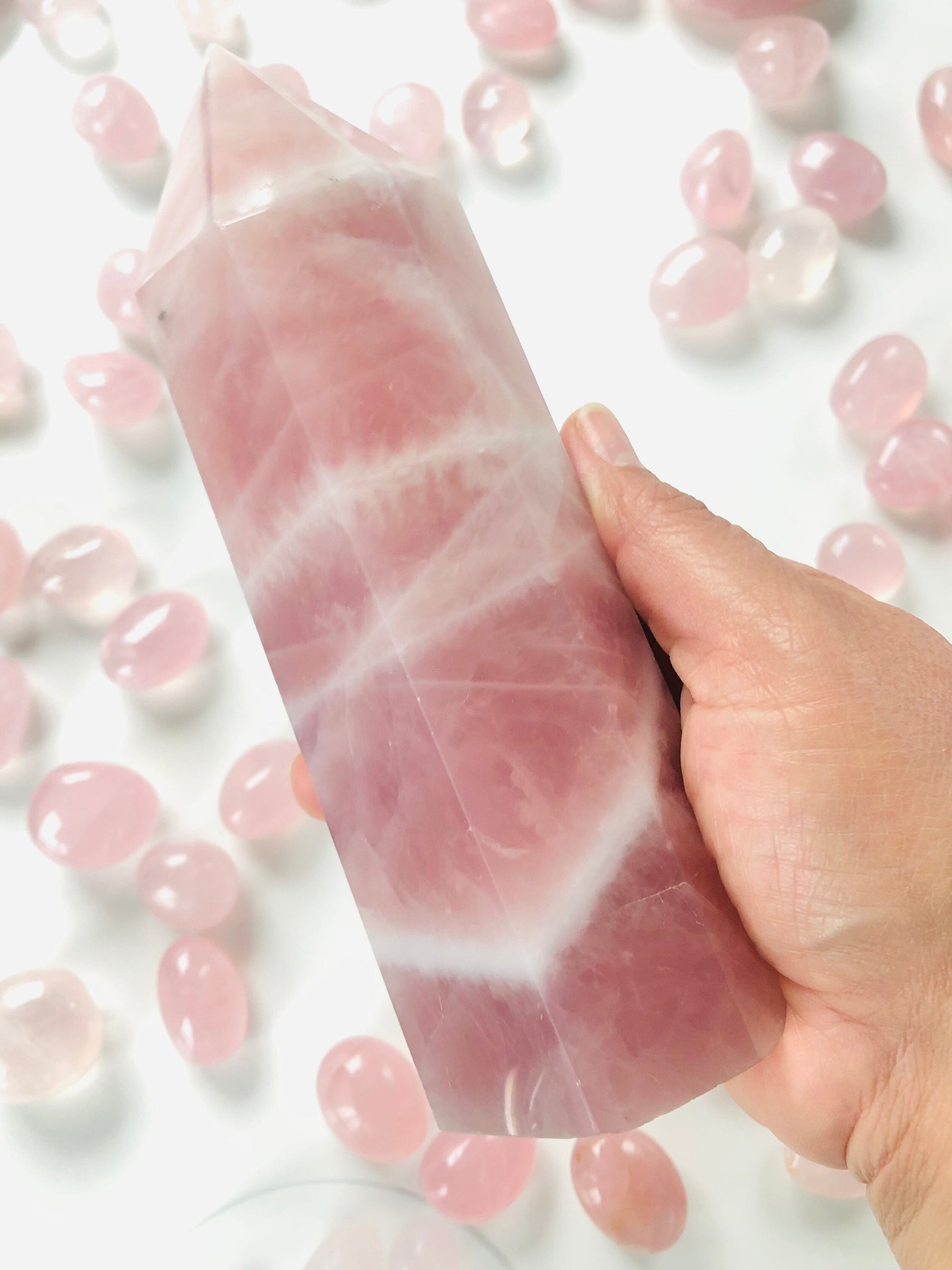 Stunning High quality Rose Quartz Tower stands 7 1/2 inches tall and weighs about 1.9 pounds, Beautiful Pink throughout