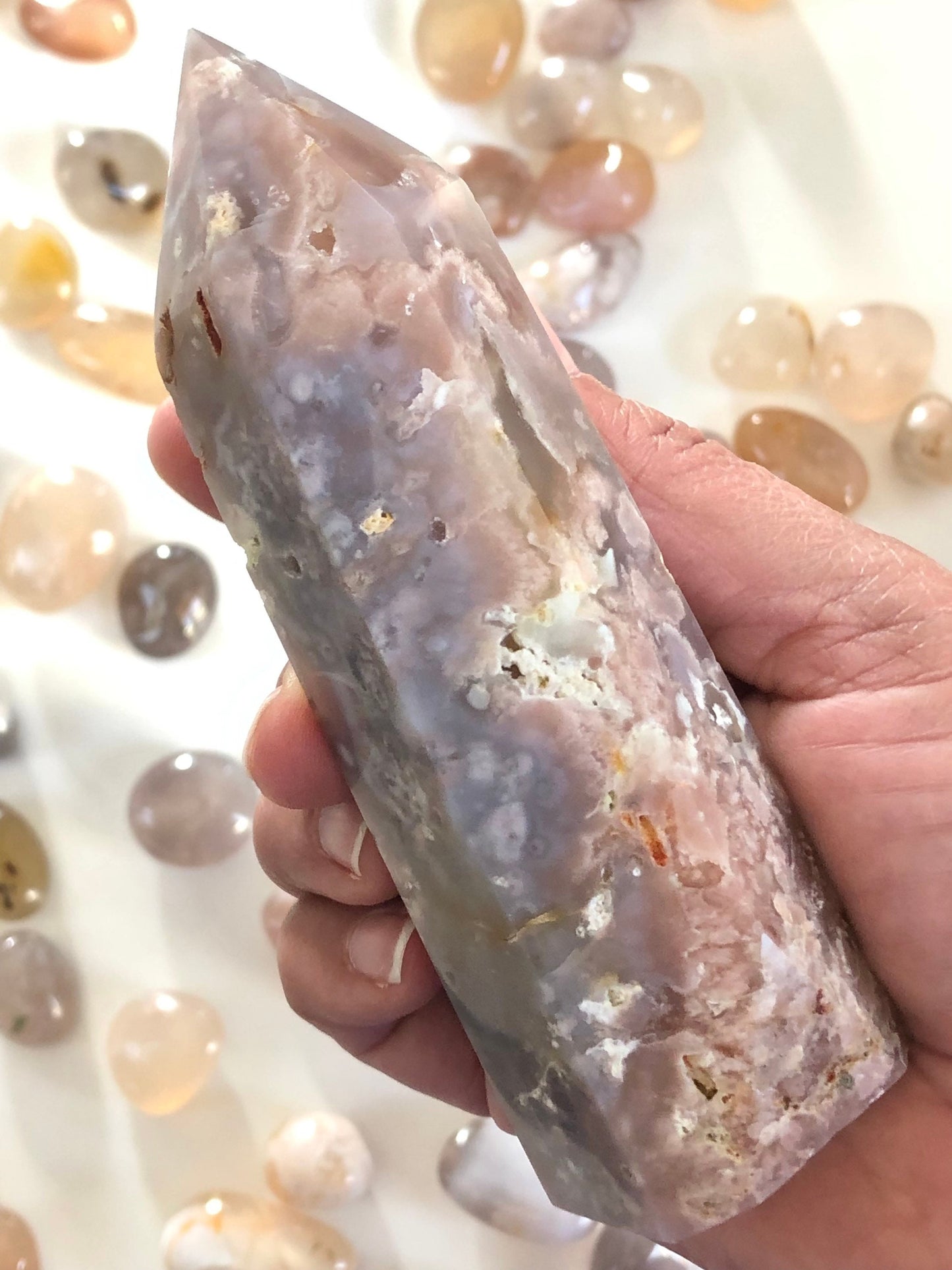 Stunning Flower Agate Tower with Soft Pink Agate Chalcedony, 5 1/8" X 1 1/16. weighs 10.9 oz Perfect for cottage core or fairy core lovers