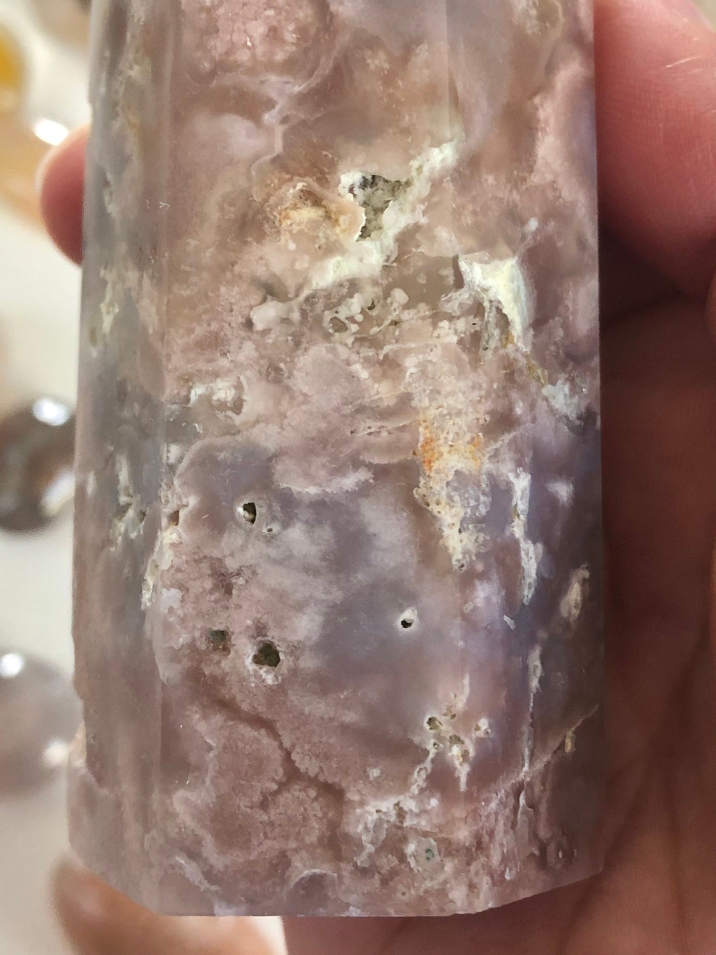Stunning Flower Agate Tower with Soft Pink Agate Chalcedony, 5 1/8" X 1 1/16. weighs 10.9 oz Perfect for cottage core or fairy core lovers