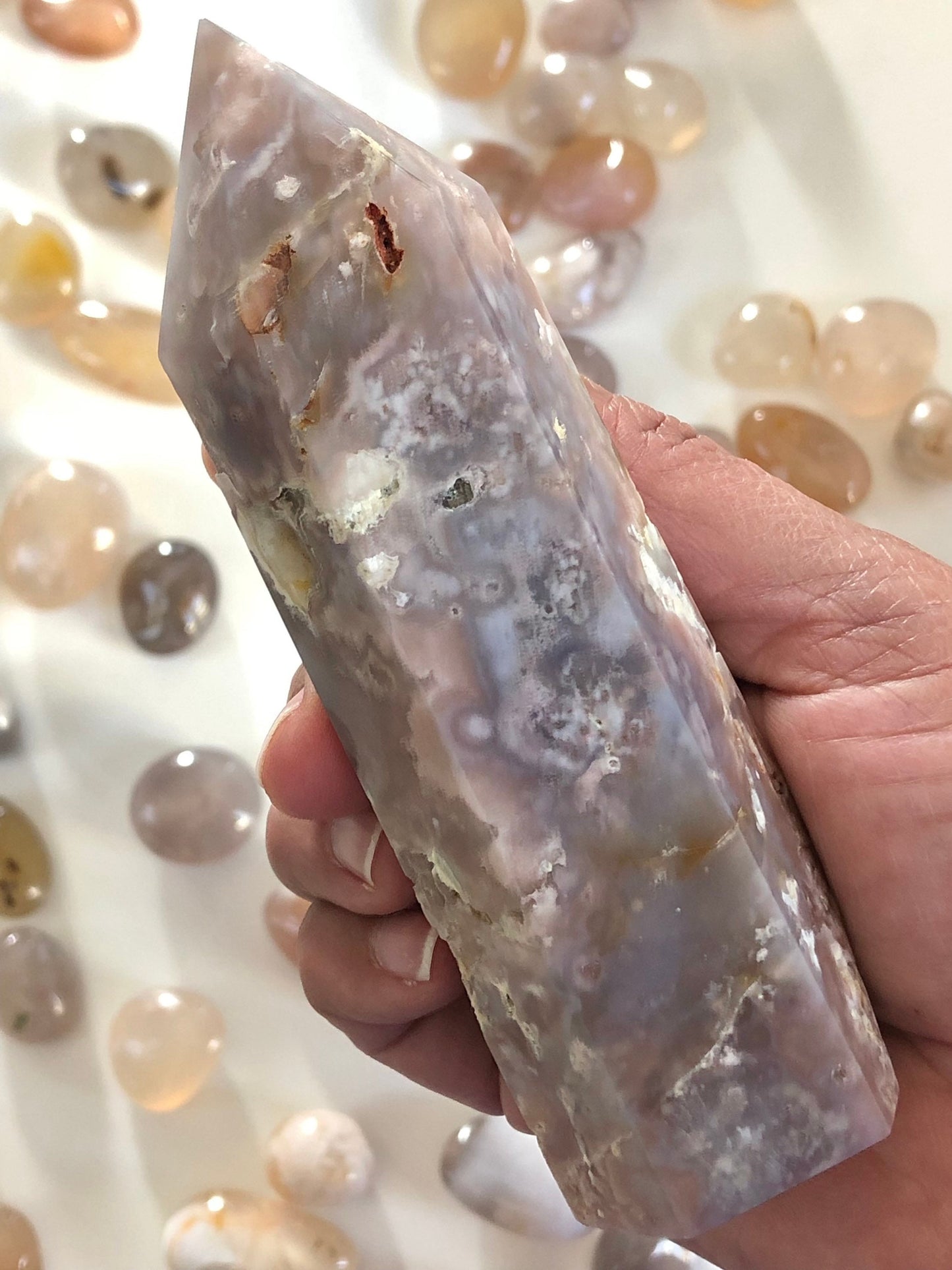 Stunning Flower Agate Tower with Soft Pink Agate Chalcedony, 5 1/8" X 1 1/16. weighs 10.9 oz Perfect for cottage core or fairy core lovers