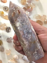 Load image into Gallery viewer, Stunning Flower Agate Tower with Soft Pink Agate Chalcedony, 5 1/8&quot; X 1 1/16. weighs 10.9 oz Perfect for cottage core or fairy core lovers
