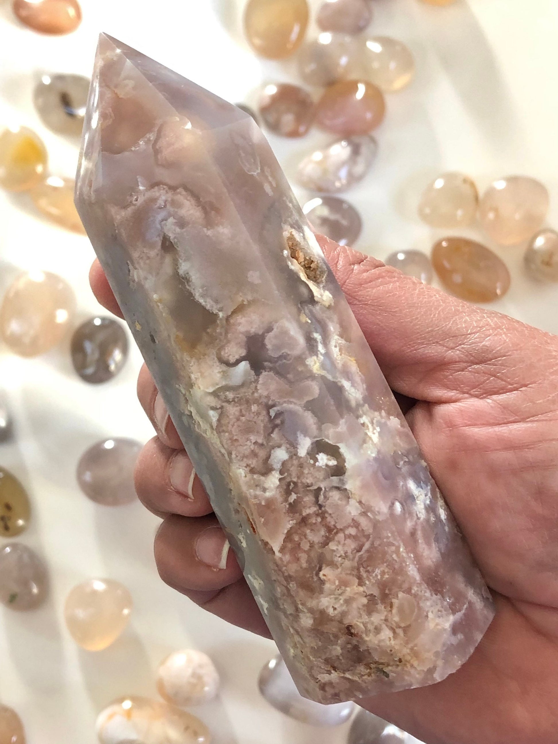 Stunning Flower Agate Tower with Soft Pink Agate Chalcedony, 5 1/8" X 1 1/16. weighs 10.9 oz Perfect for cottage core or fairy core lovers