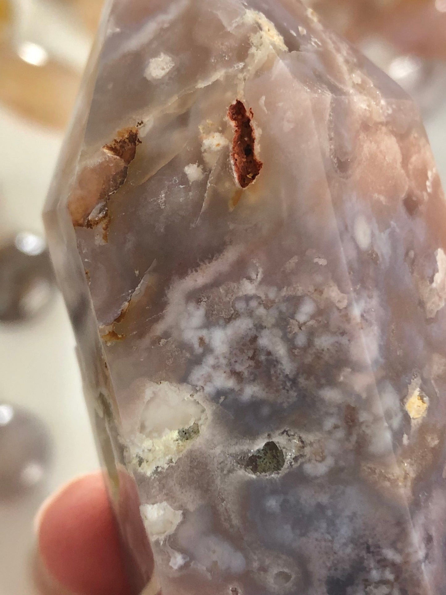 Stunning Flower Agate Tower with Soft Pink Agate Chalcedony, 5 1/8" X 1 1/16. weighs 10.9 oz Perfect for cottage core or fairy core lovers
