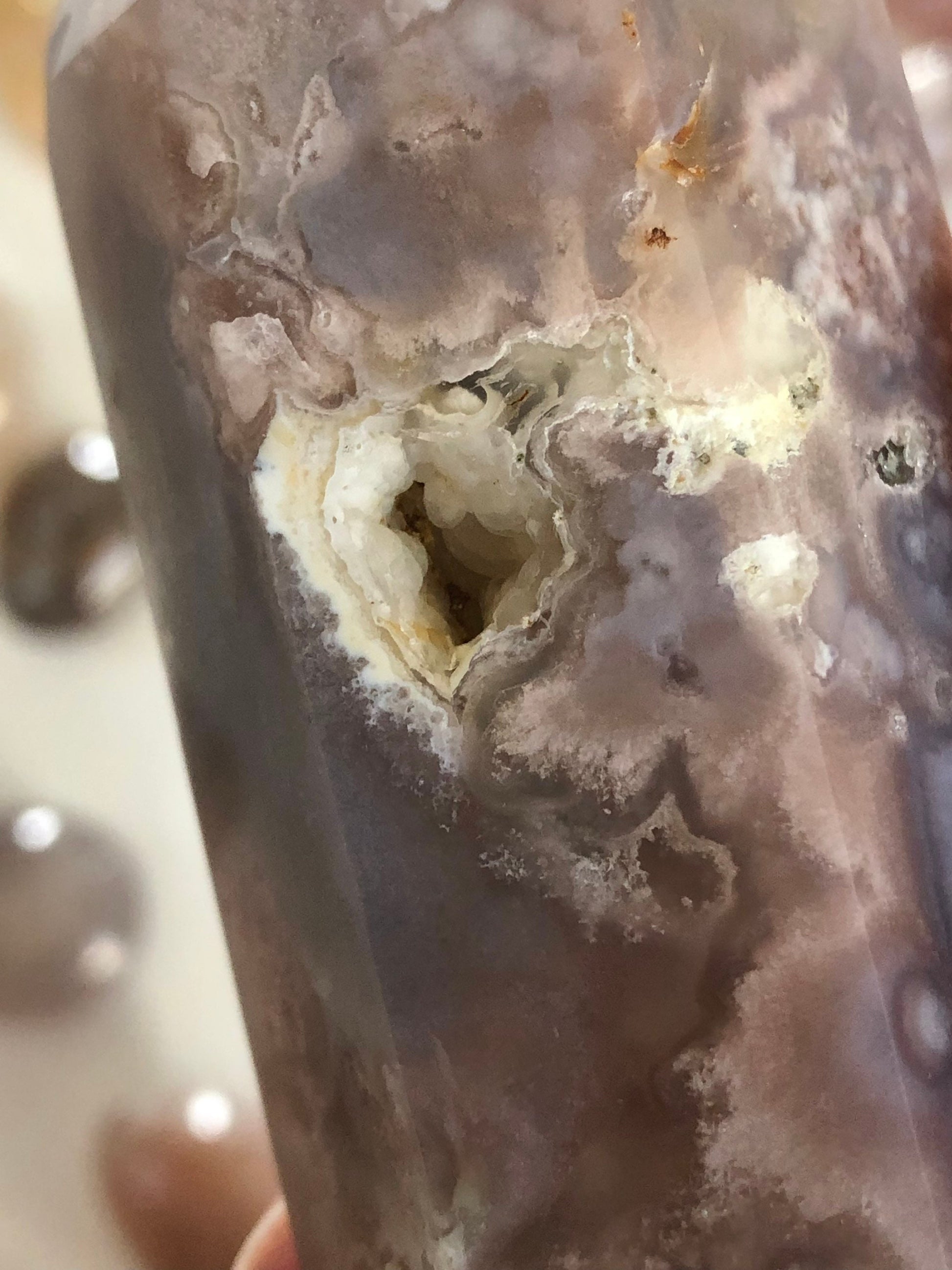 Stunning Flower Agate Tower with Soft Pink Agate Chalcedony, 5 1/8" X 1 1/16. weighs 10.9 oz Perfect for cottage core or fairy core lovers