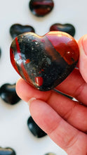 Load image into Gallery viewer, 1 (one) Bloodstone Jasper heart || approx 45 mm 1.5 oz || Random Pull || Creative Energy || Spiritual tools and meditation aid ||
