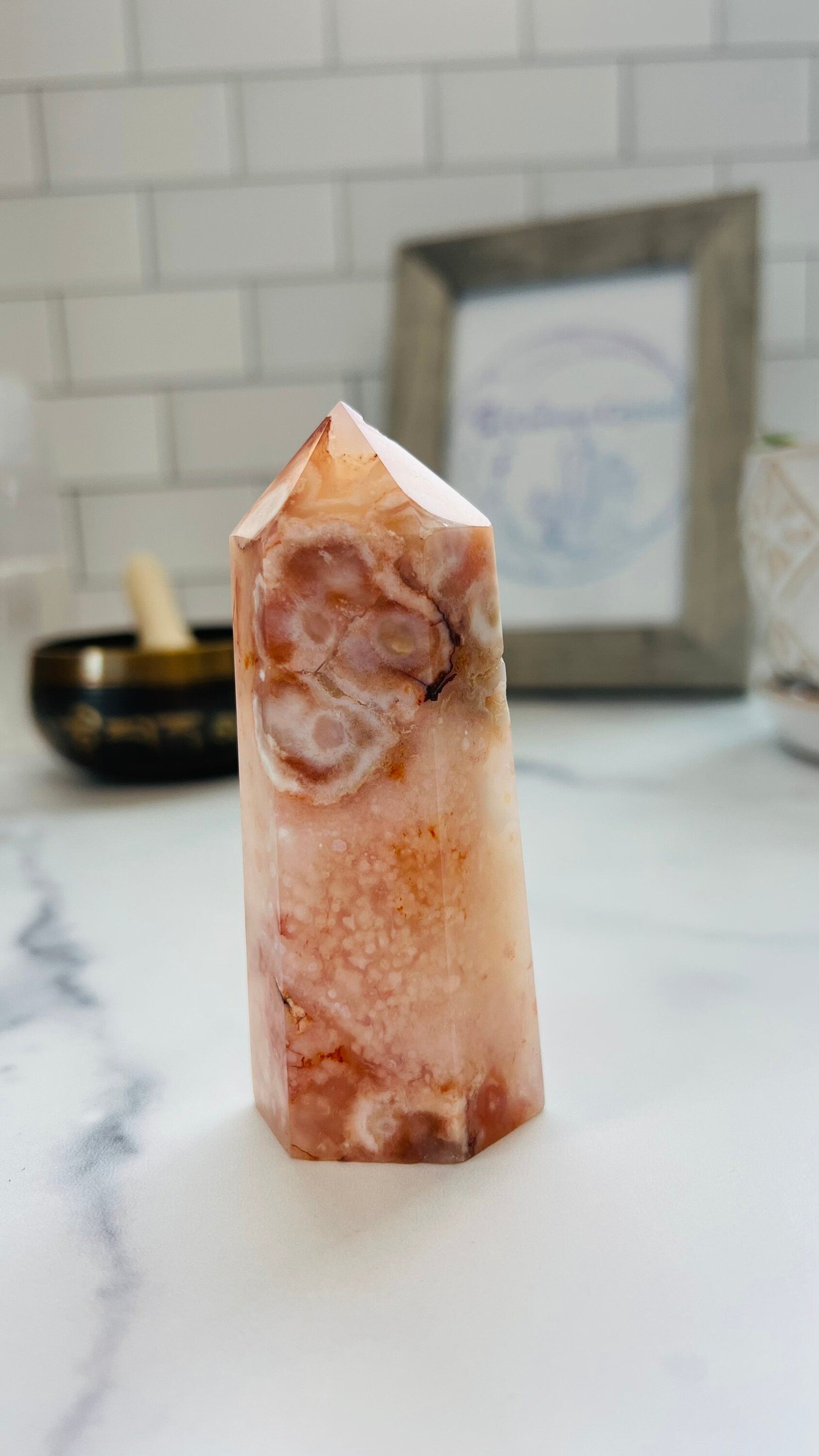 Stunning Flower Agate and Carnelian 3 3/4 inch Tower weighs 6.7 oz with beautiful pattern and bold colors