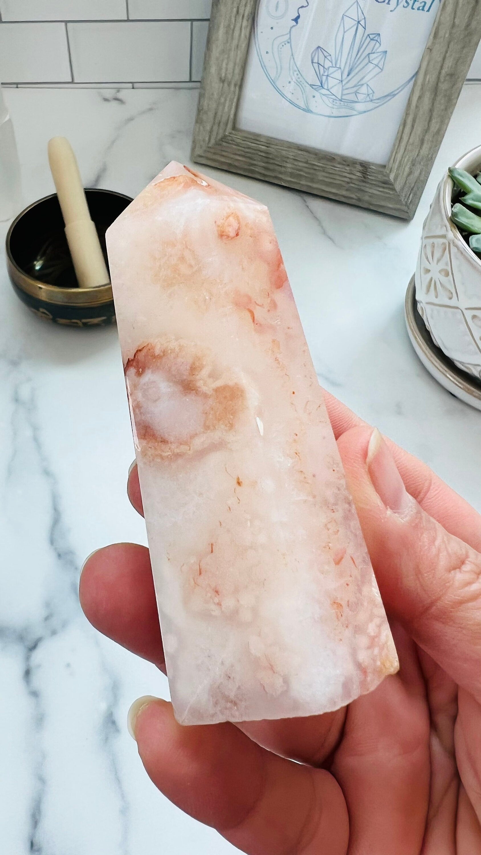 Stunning Flower Agate and Carnelian 3 3/4 inch Tower weighs 6.7 oz with beautiful pattern and bold colors