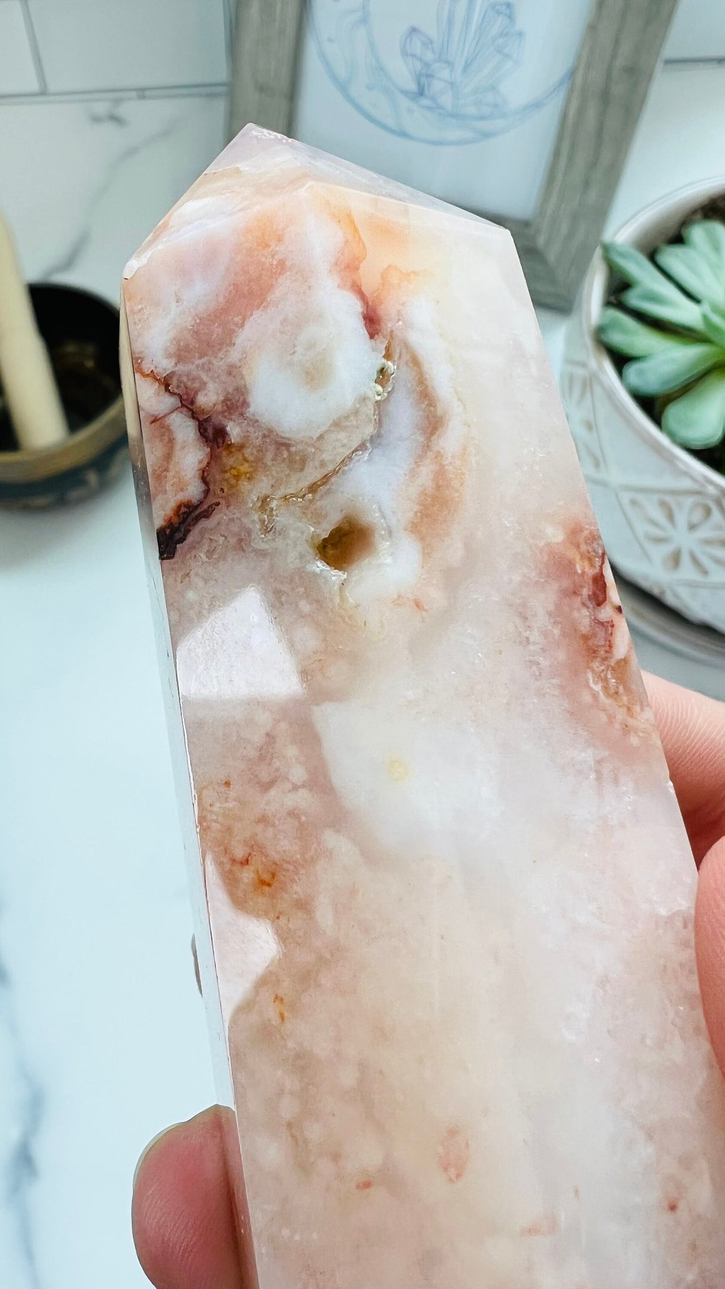 Stunning Flower Agate and Carnelian 3 3/4 inch Tower weighs 6.7 oz with beautiful pattern and bold colors