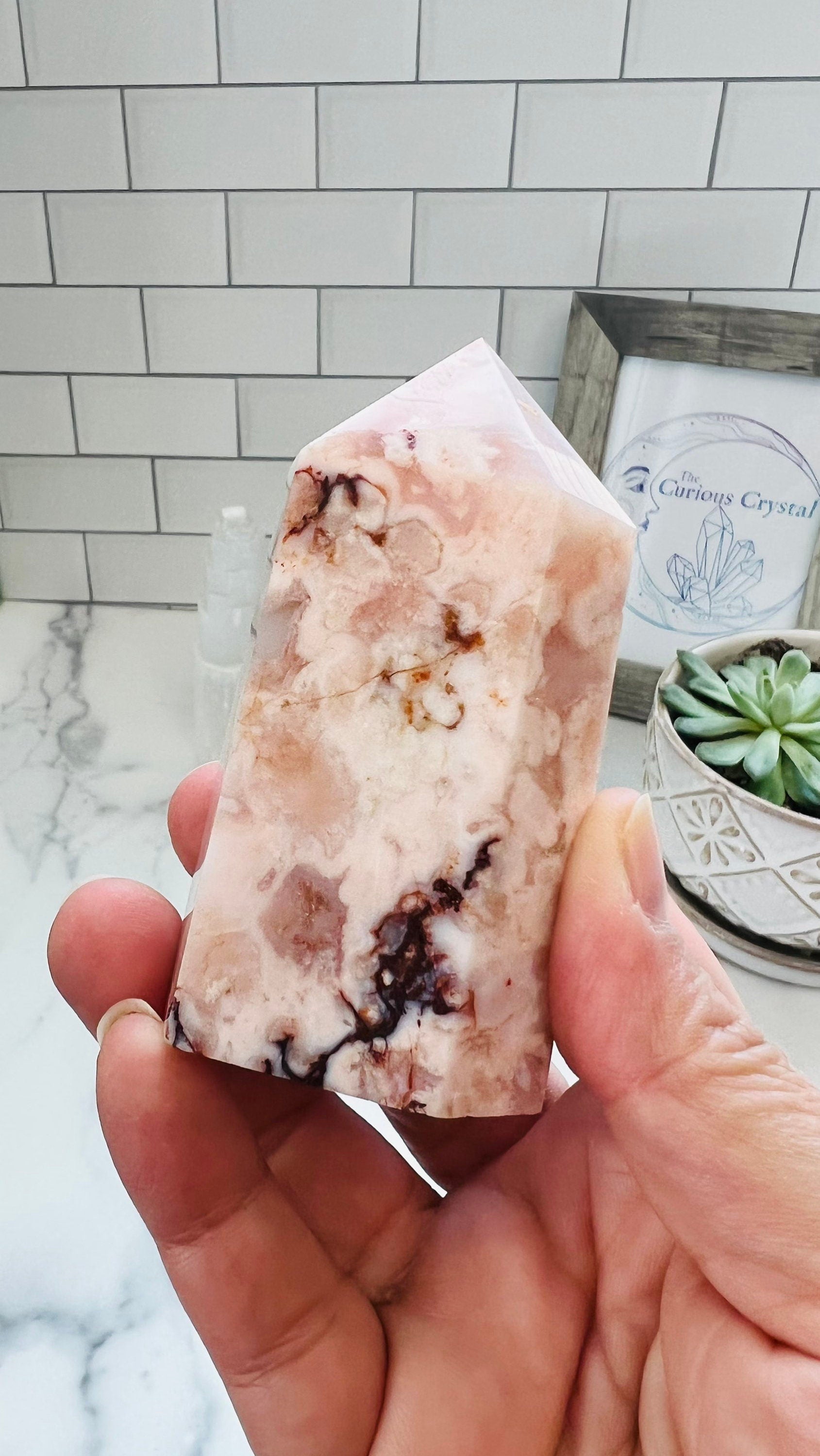 Flower Agate, Beautiful Pink Agate Chalcedony, Cottage Core || Tower || 4” inches weighs 8 oz || Fairycore || Romantic style
