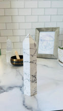 Load image into Gallery viewer, Howlite Tower || Howlite Crystals || Howlite Stone || White and Gray Stone Tower || 7 1/4 x 1 3/4 and 1.3 pounds ||
