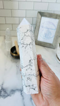 Load image into Gallery viewer, Howlite Tower || Howlite Crystals || Howlite Stone || White and Gray Stone Tower || 7 1/4 x 1 3/4 and 1.3 pounds ||
