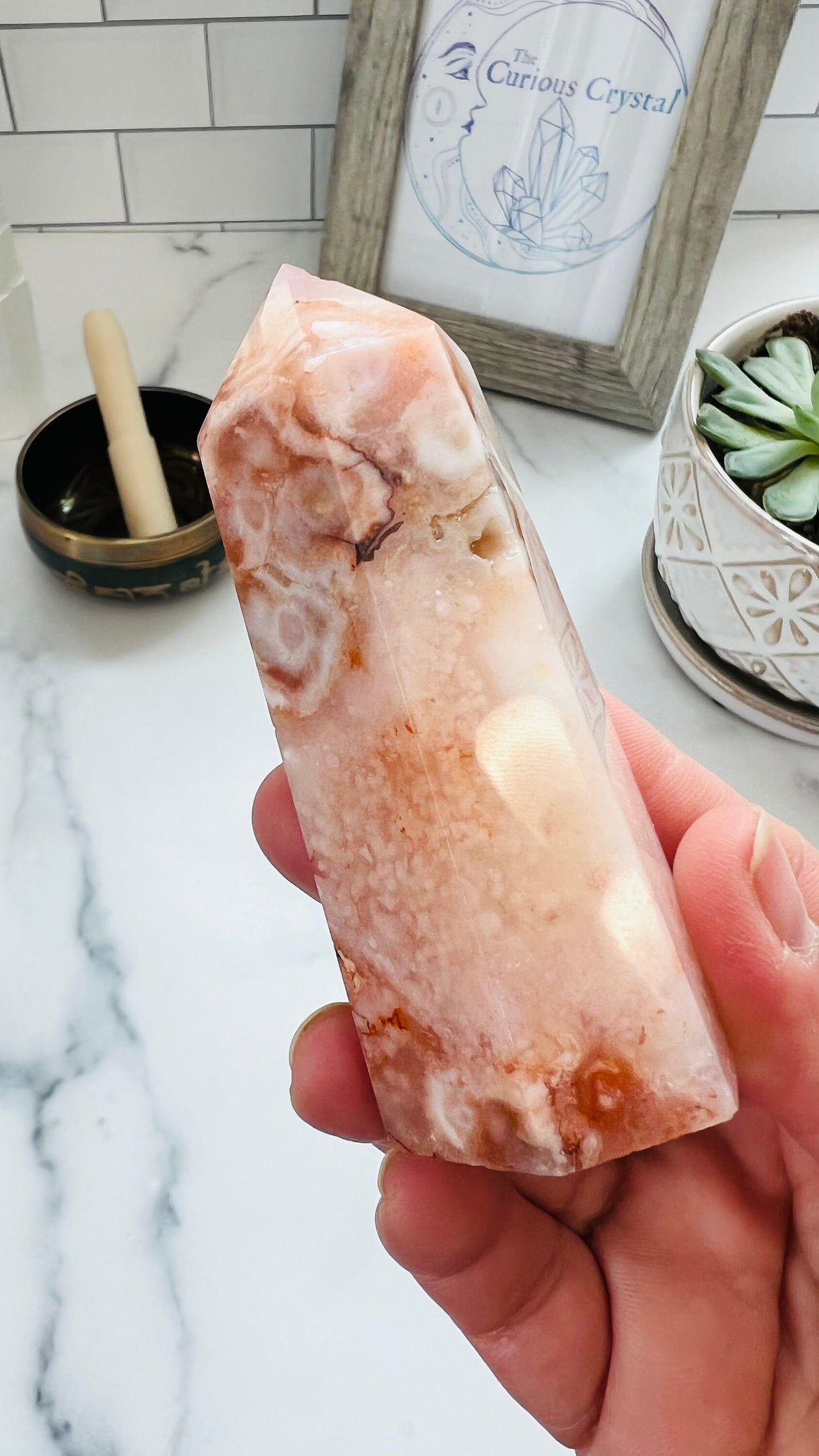 Stunning Flower Agate and Carnelian 3 3/4 inch Tower weighs 6.7 oz with beautiful pattern and bold colors