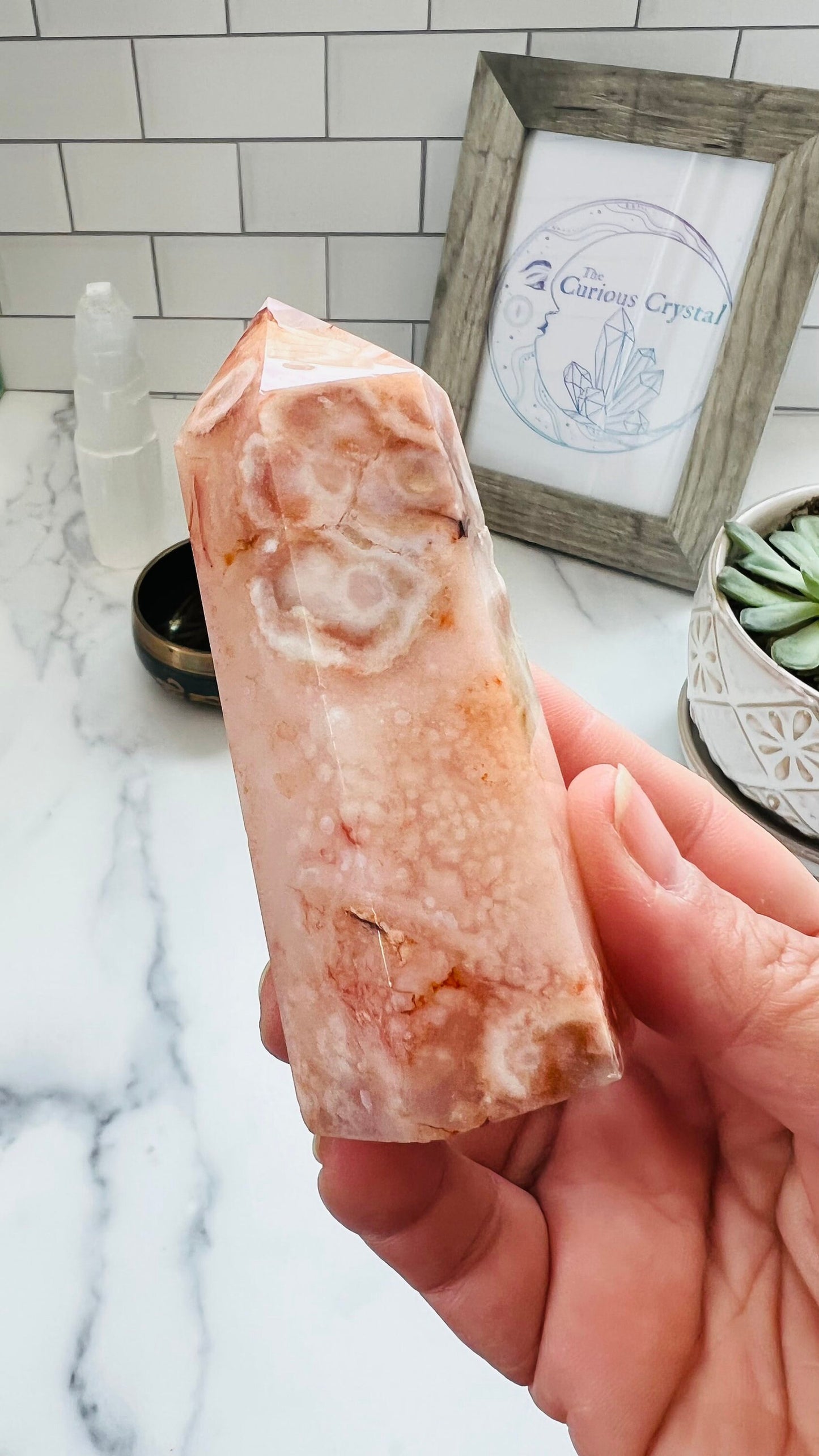 Stunning Flower Agate and Carnelian 3 3/4 inch Tower weighs 6.7 oz with beautiful pattern and bold colors