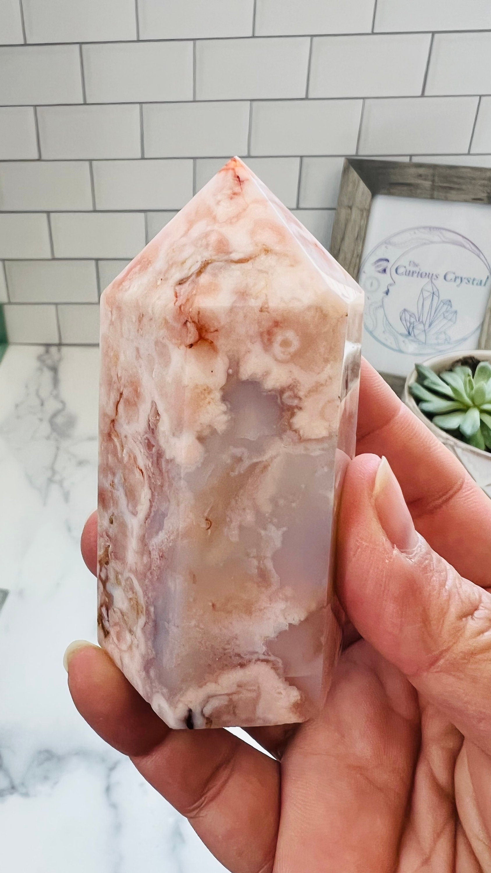 Flower Agate, Beautiful Pink Agate Chalcedony, Cottage Core || Tower || 4” inches weighs 8 oz || Fairycore || Romantic style