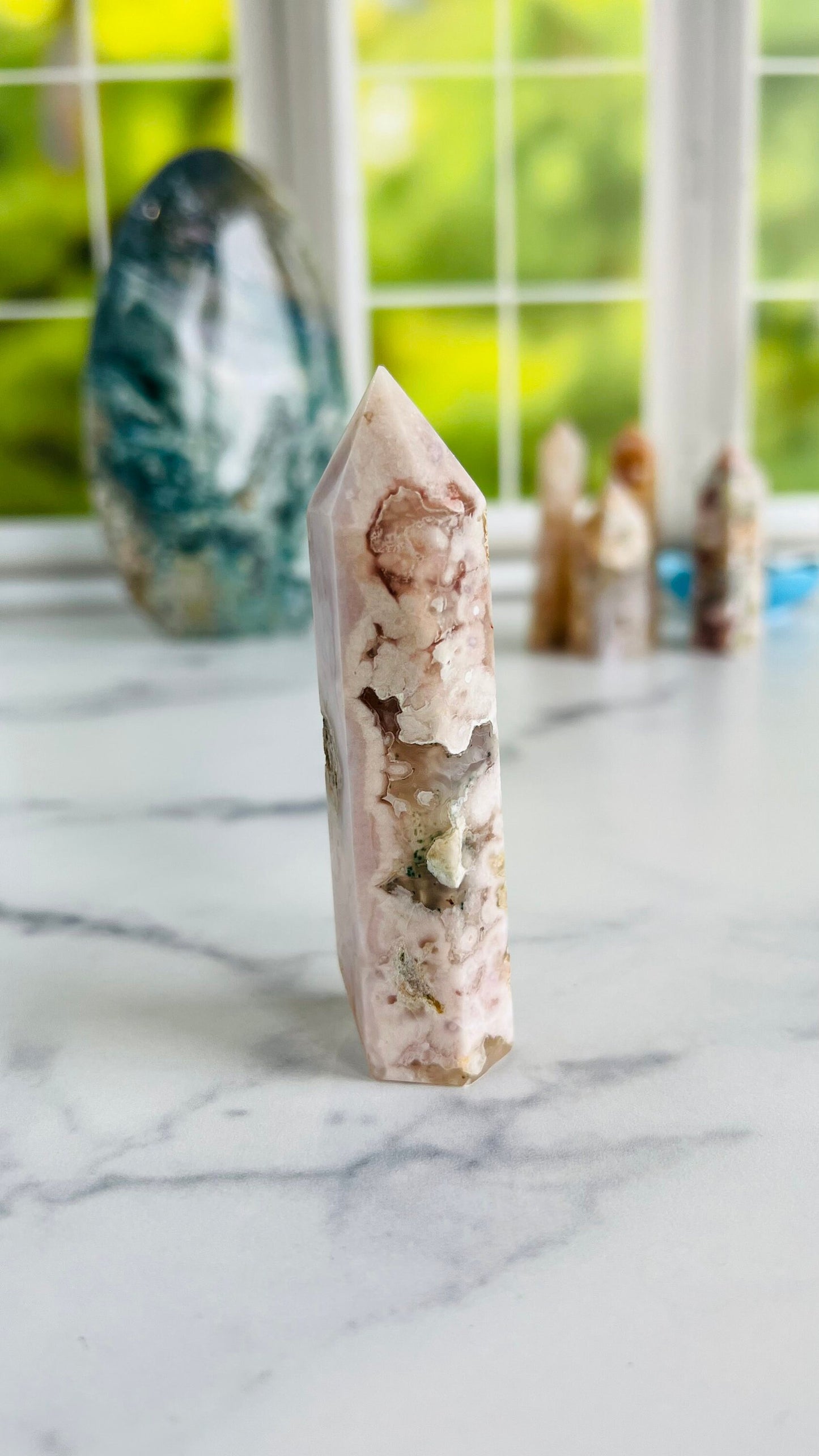 Flower Agate Tower, 3 1/2" Tall weighs 3.0 oz Soft Pink Agate Chalcedony, Cottage Core, fairycore crystals, Romantic style