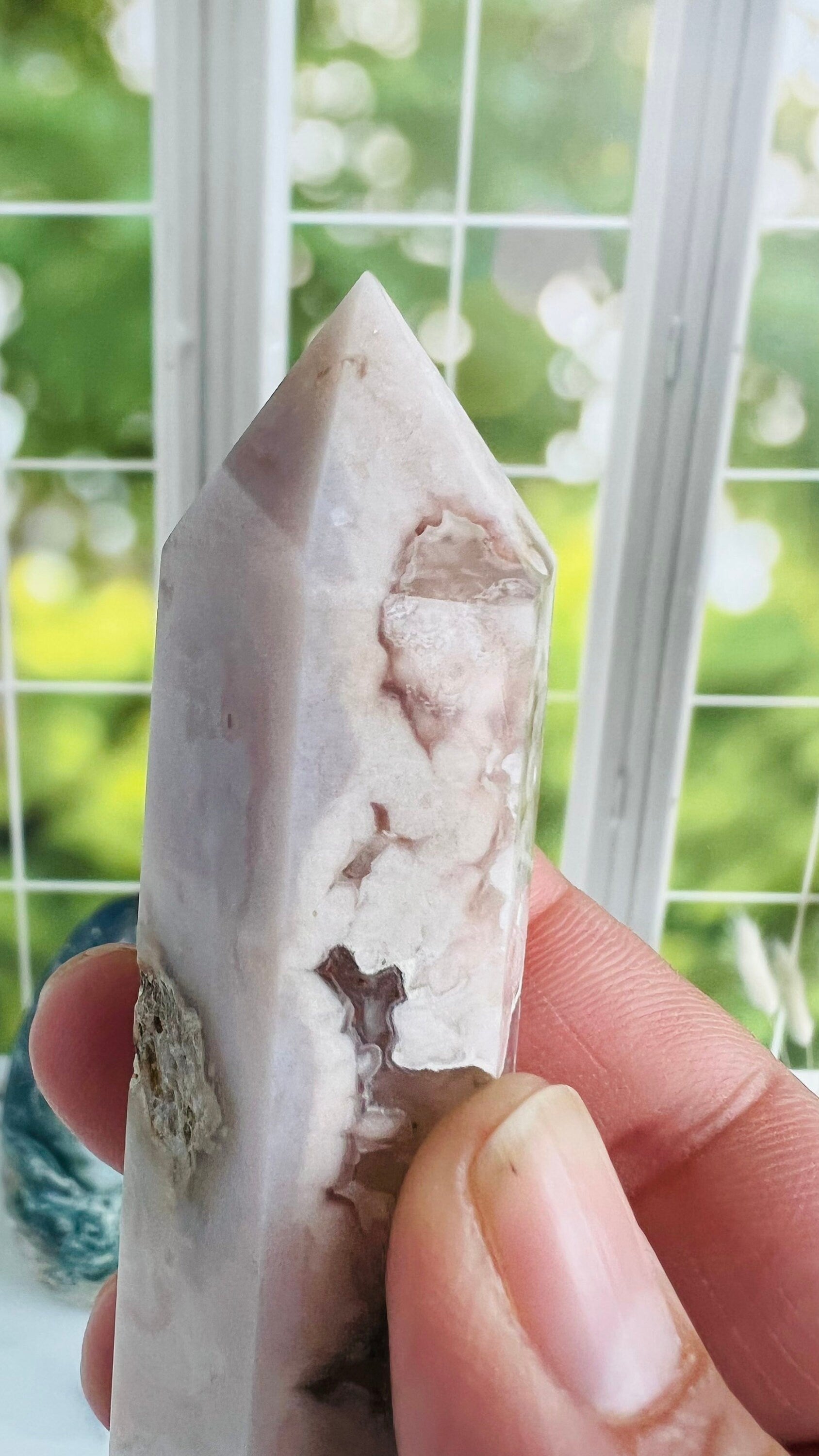 Flower Agate Tower, 3 1/2" Tall weighs 3.0 oz Soft Pink Agate Chalcedony, Cottage Core, fairycore crystals, Romantic style