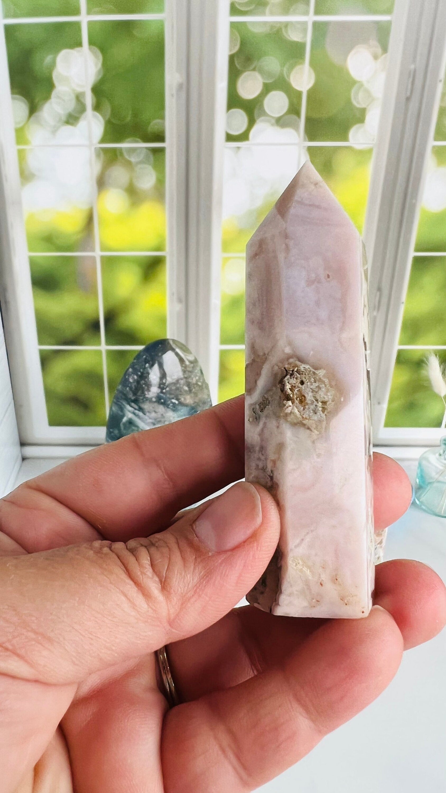 Flower Agate Tower, 3 1/2" Tall weighs 3.0 oz Soft Pink Agate Chalcedony, Cottage Core, fairycore crystals, Romantic style