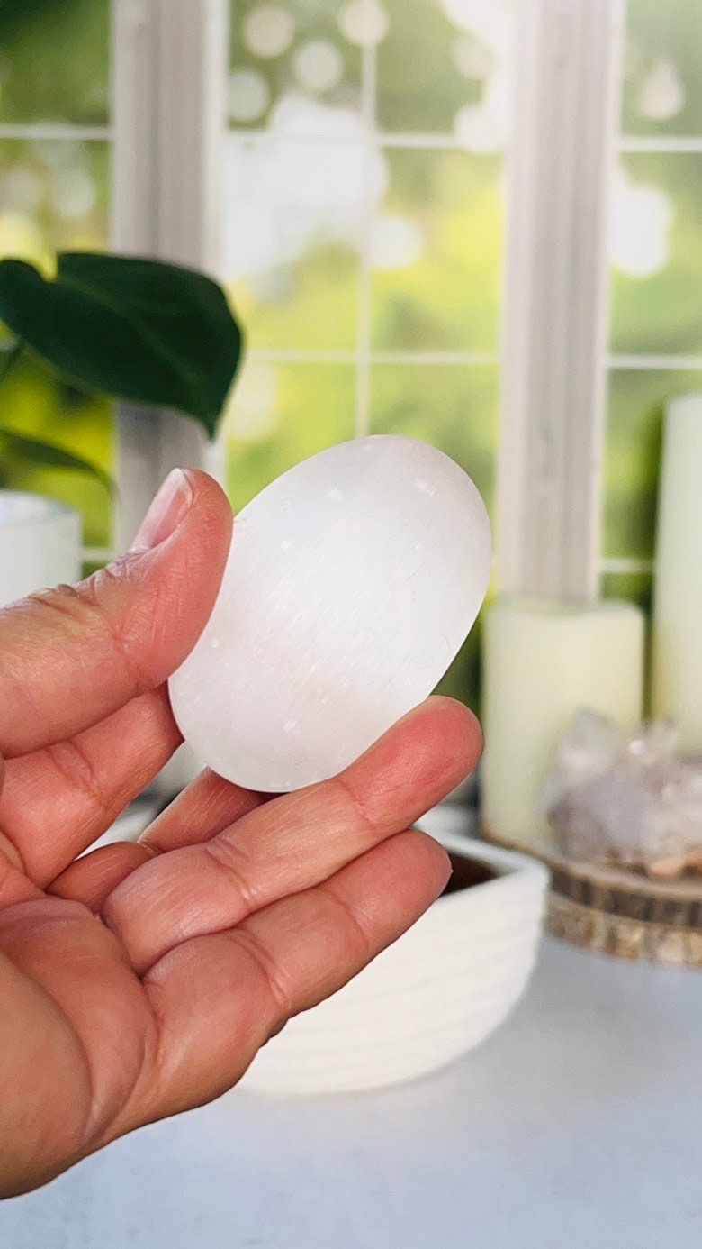 Selenite/Satin Spar Palm Stone, 54mm 2 oz, gypsum, companion crystals, white colored stones and crystals