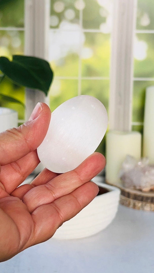 Selenite/Satin Spar Palm Stone, 54mm 2 oz, gypsum, companion crystals, white colored stones and crystals