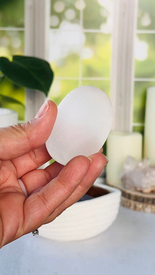 Selenite/Satin Spar Palm Stone, 54mm 2 oz, gypsum, companion crystals, white colored stones and crystals