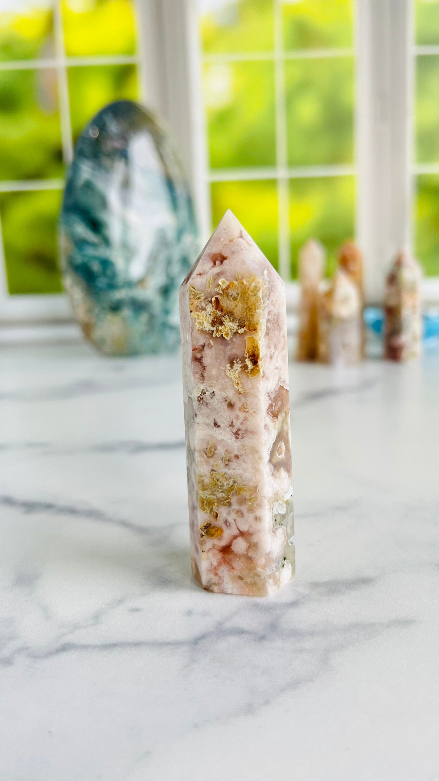 Flower Agate Tower, 3 1/2" Tall weighs 3.0 oz Soft Pink Agate Chalcedony, Cottage Core, fairycore crystals, Romantic style