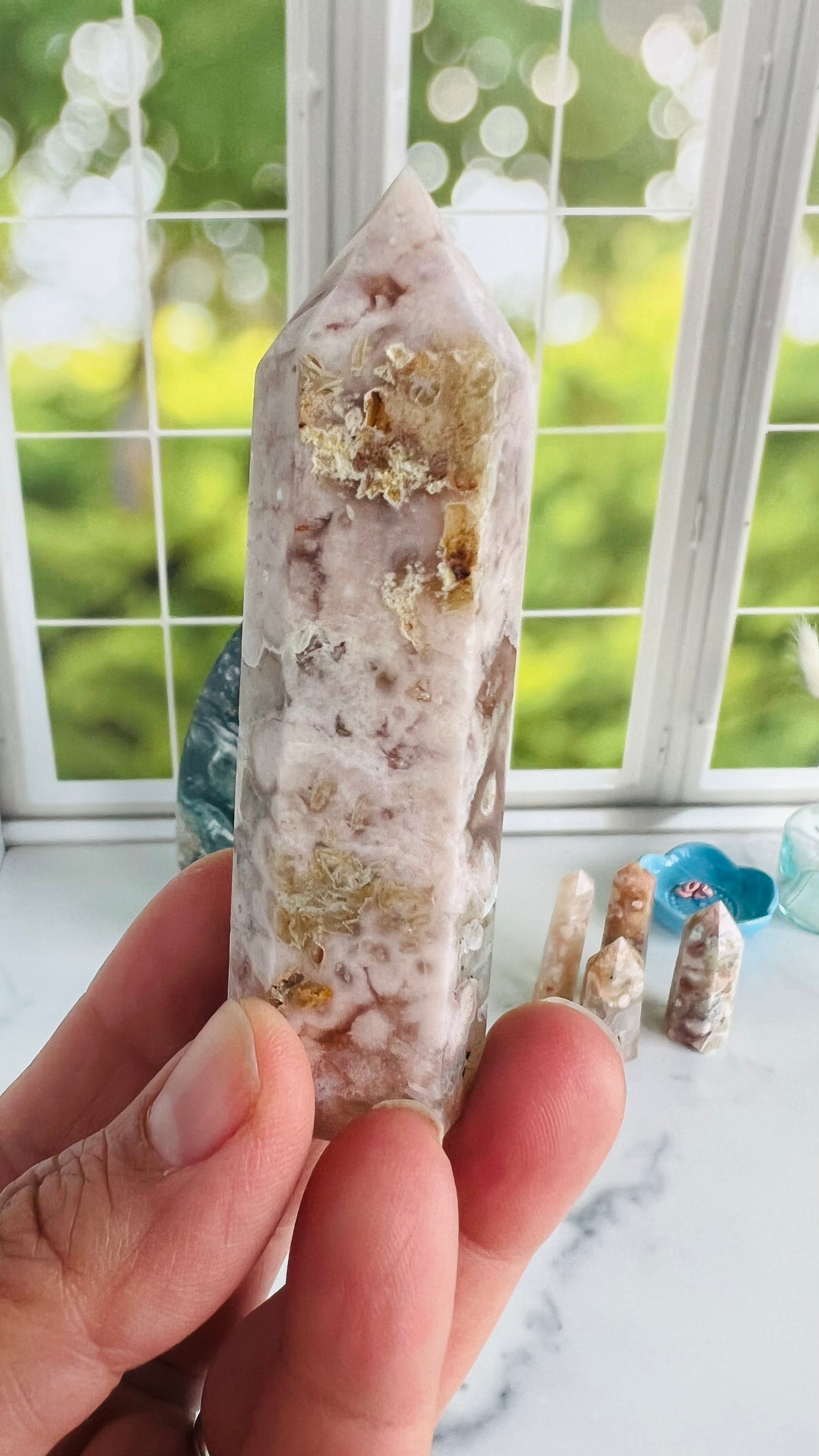 Flower Agate Tower, 3 1/2" Tall weighs 3.0 oz Soft Pink Agate Chalcedony, Cottage Core, fairycore crystals, Romantic style