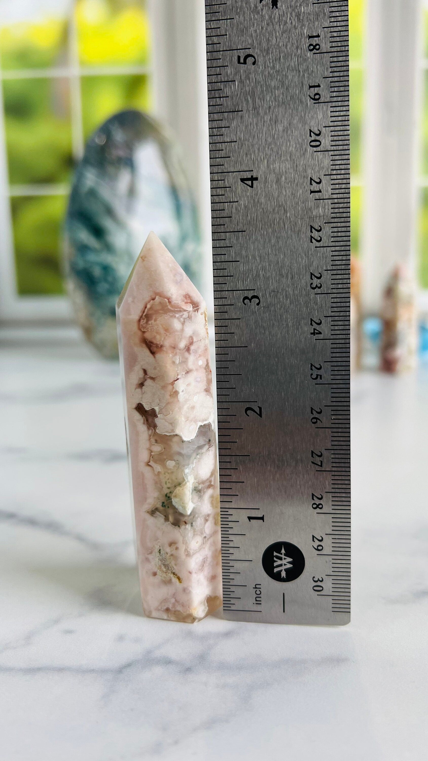 Flower Agate Tower, 3 1/2" Tall weighs 3.0 oz Soft Pink Agate Chalcedony, Cottage Core, fairycore crystals, Romantic style