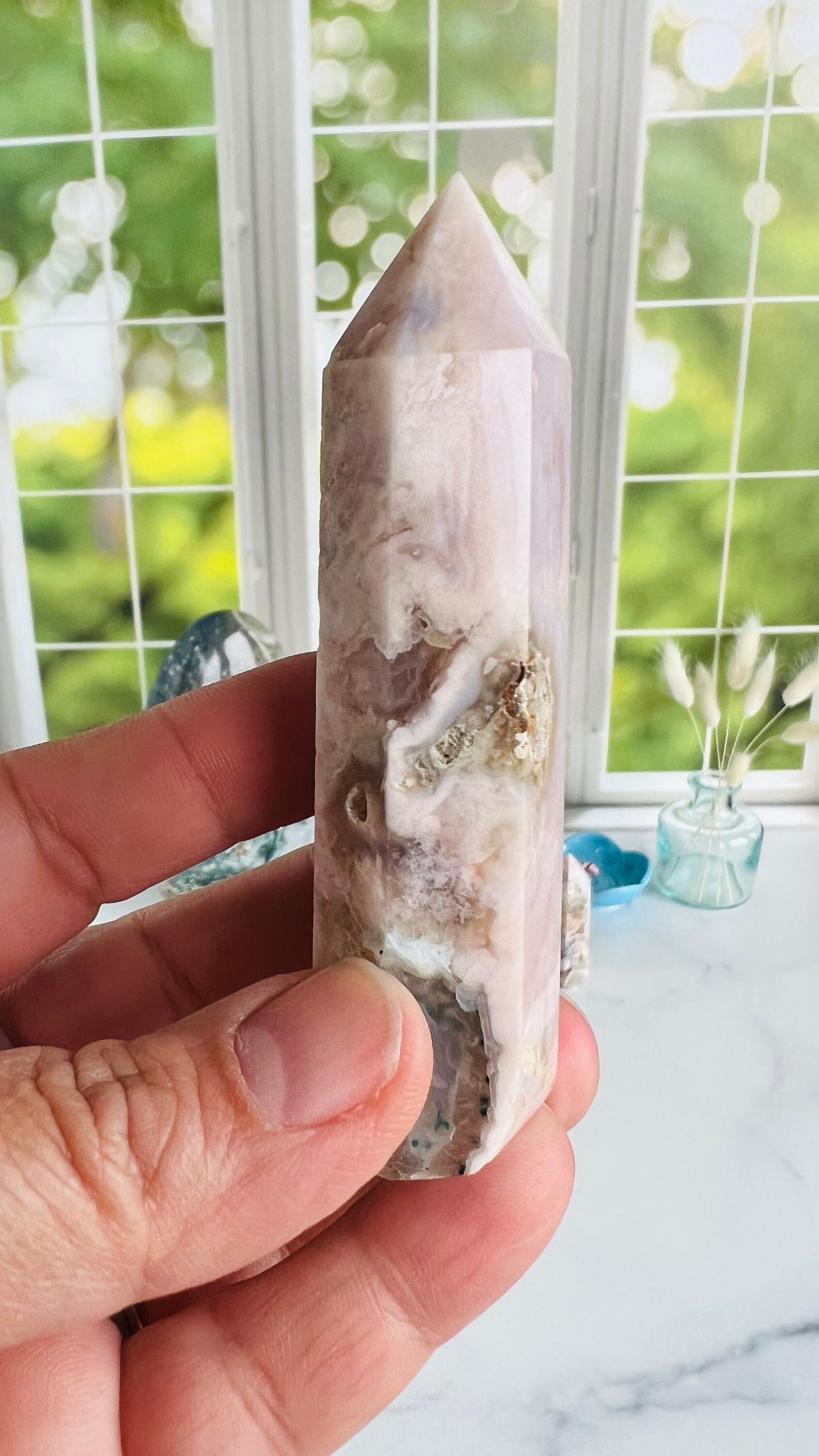 Flower Agate Tower, 3 1/2" Tall weighs 3.0 oz Soft Pink Agate Chalcedony, Cottage Core, fairycore crystals, Romantic style
