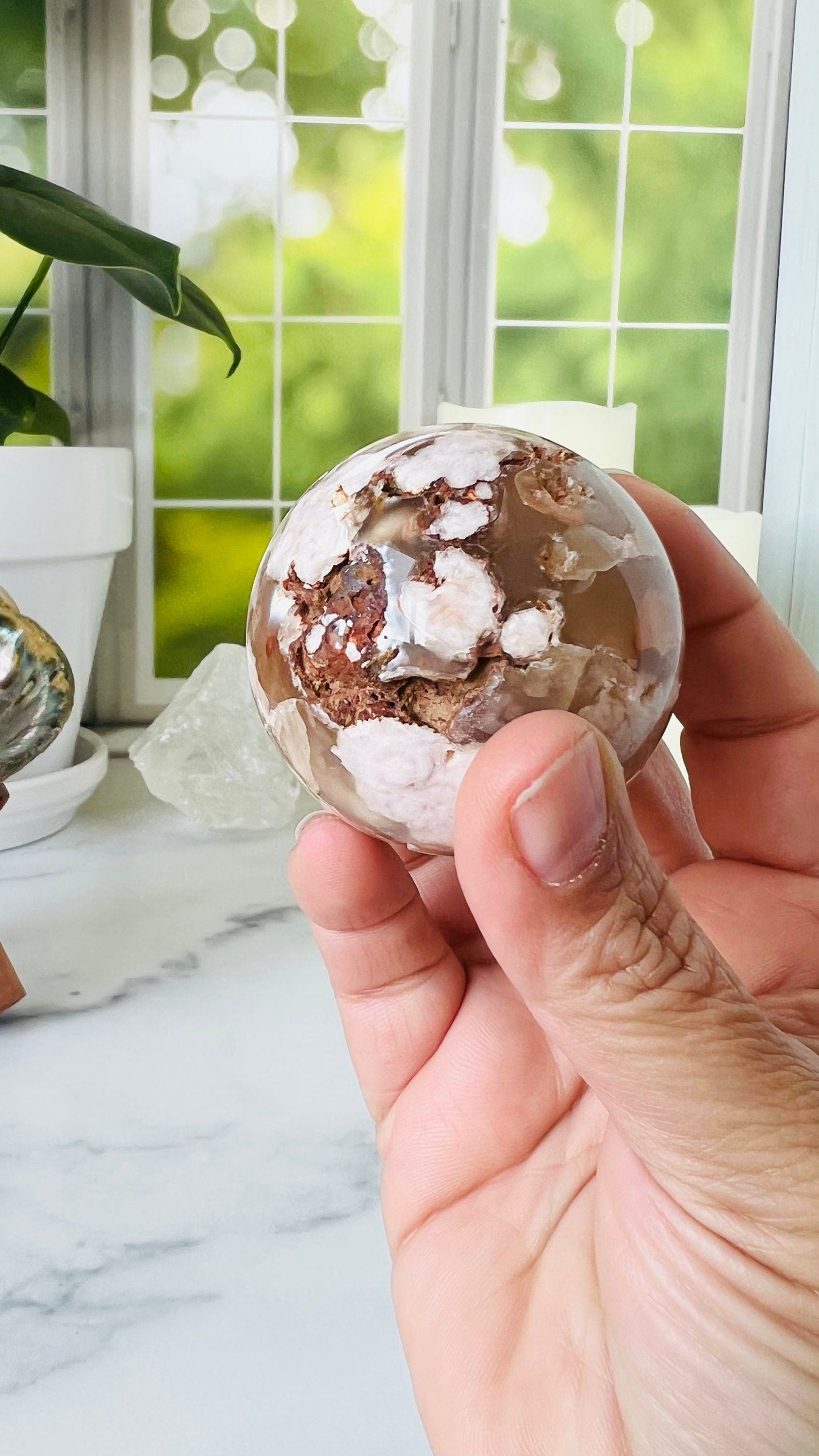 Flower Agate Sphere, 47mm, Soft Pink Agate Chalcedony, Cottage Core, Fairycore, Romantic style