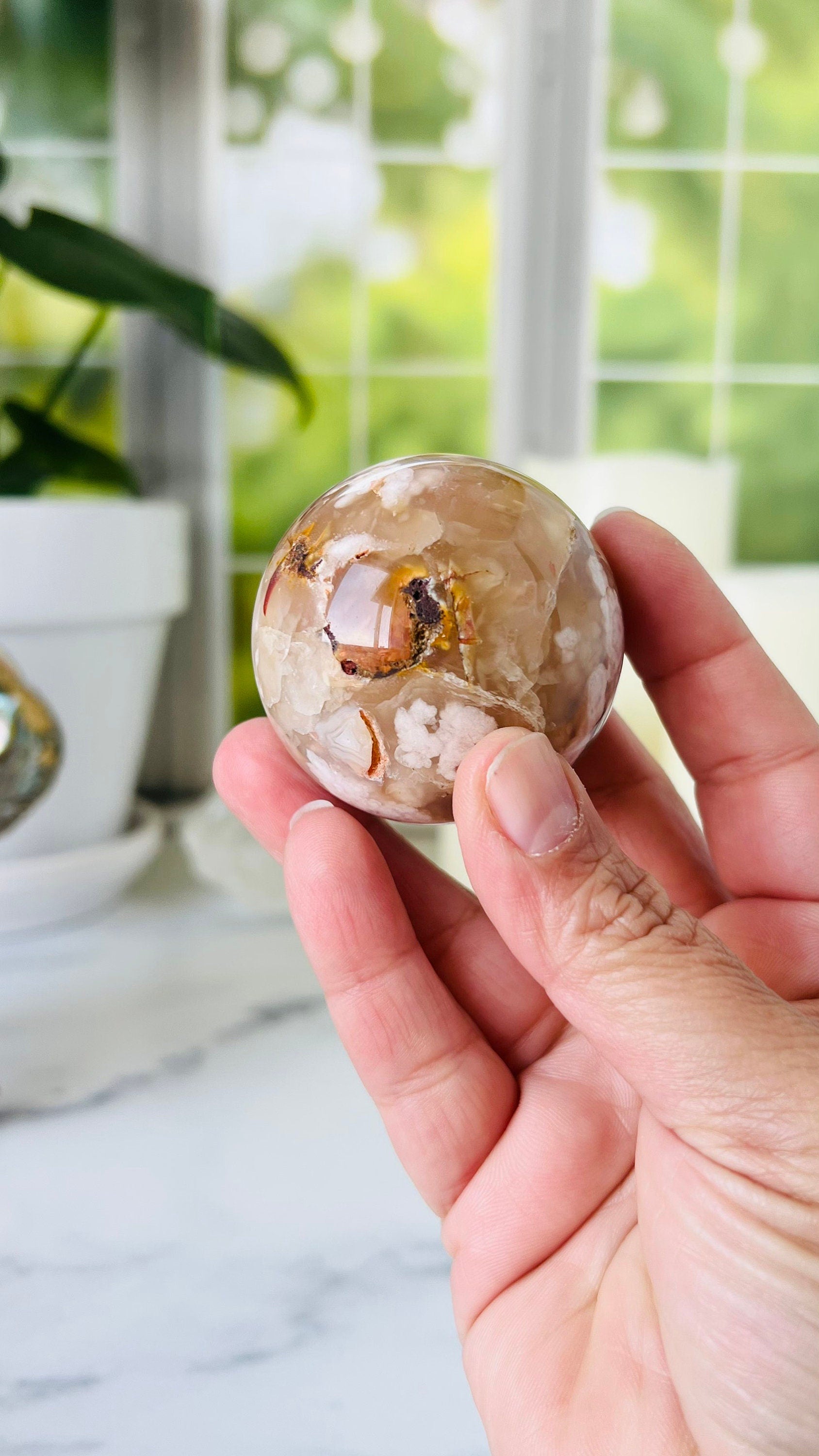 Flower Agate Sphere, 47mm, Soft Pink Agate Chalcedony, Cottage Core, Fairycore, Romantic style