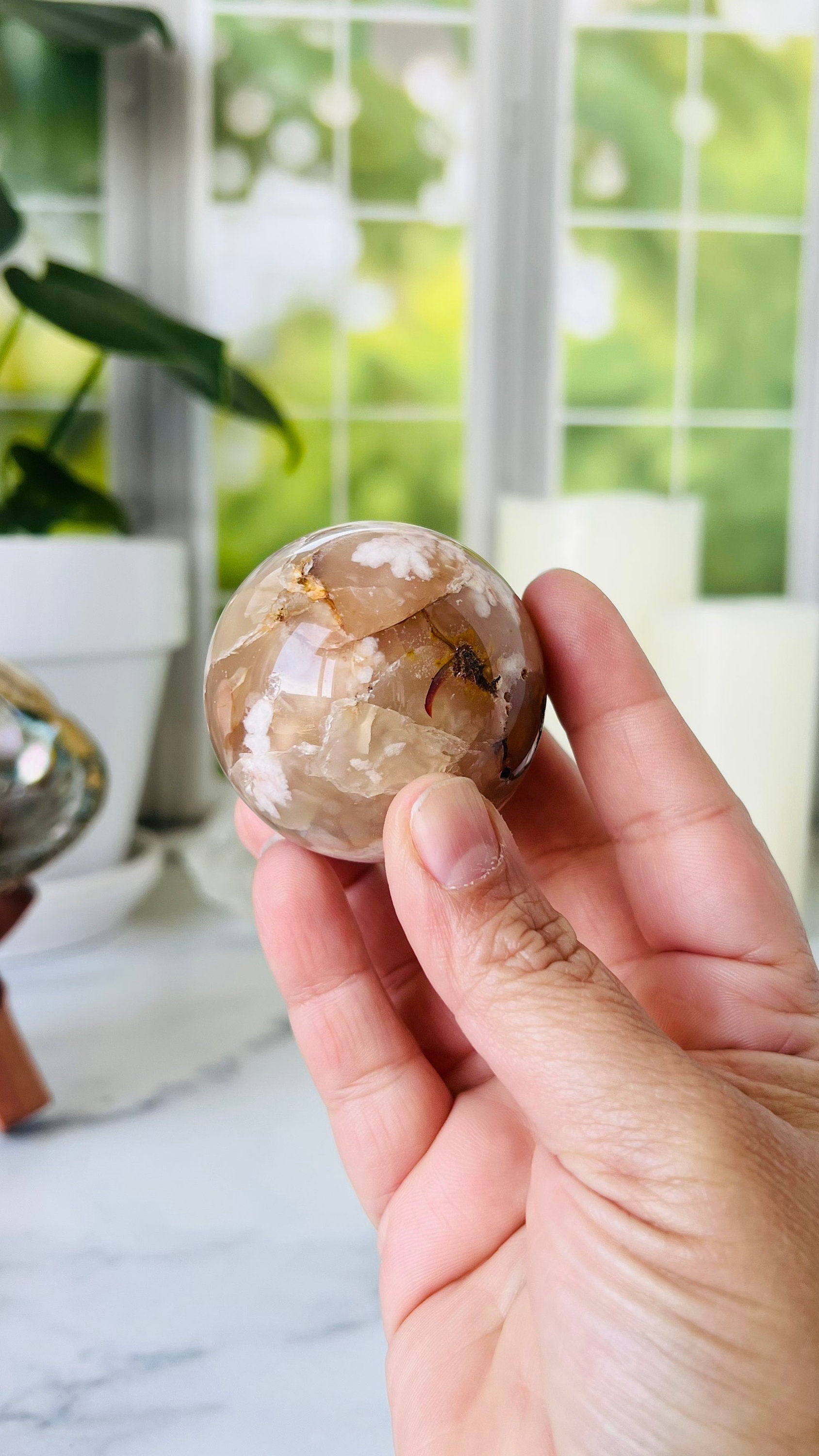 Flower Agate Sphere, 47mm, Soft Pink Agate Chalcedony, Cottage Core, Fairycore, Romantic style