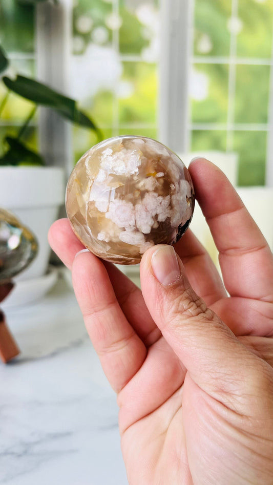 Flower Agate Sphere, 47mm, Soft Pink Agate Chalcedony, Cottage Core, Fairycore, Romantic style