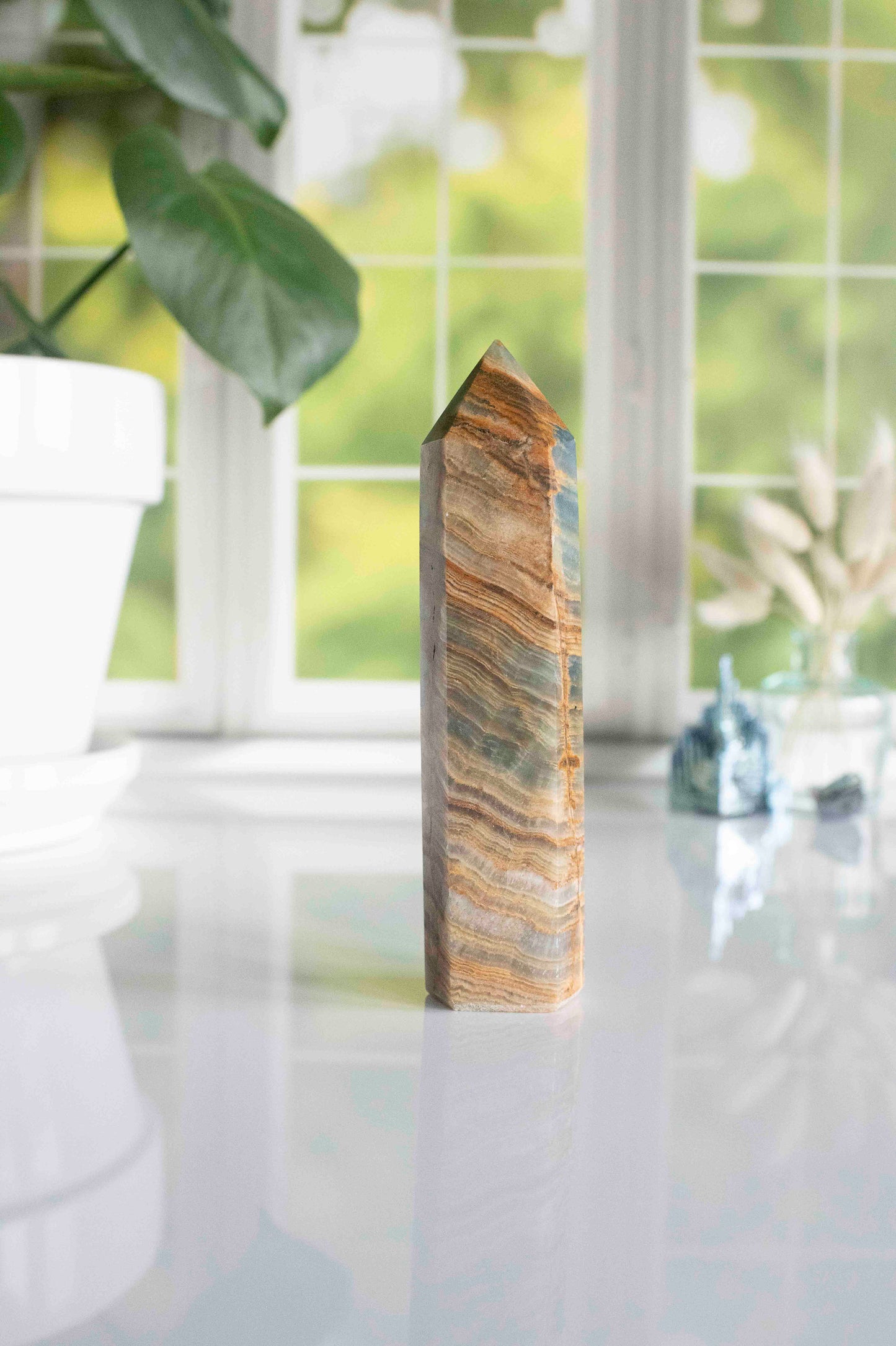 Beautiful Blue Onyx Tower 6 1/2" , Blue Lemurian Tower, Blue Lemurian Aquatine Calcite Crystal Tower, Blue Crystals, Banded Onyx Tower