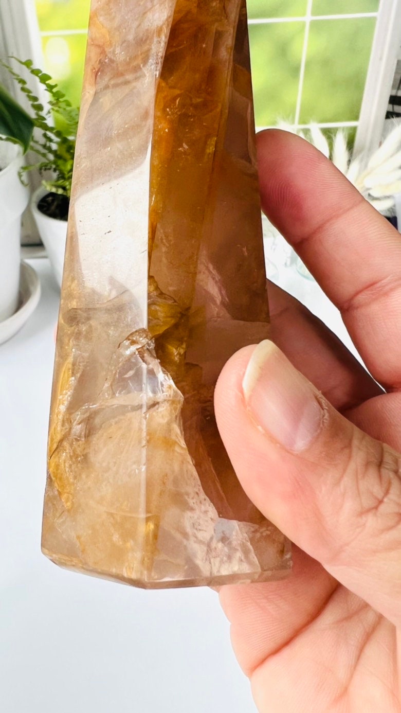 Golden Healer Quartz Tower, 6 1/2 inches tall, also known as Yellow Hematoid Quartz, Polished rich colored tower with rainbows crystal