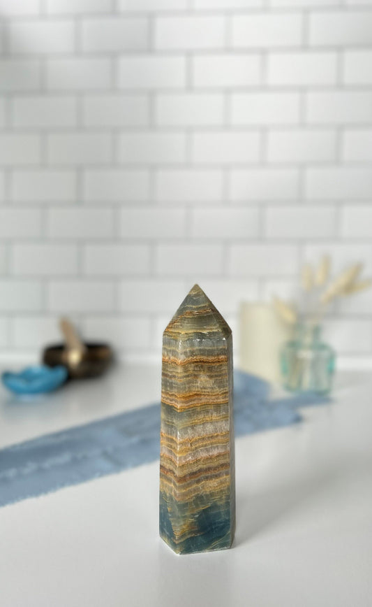 Blue Onyx, Blue Lemurian Aquatine, Aqua Tine, Blue Crystal Tower, 6 inches tall, weighs 1 pound.