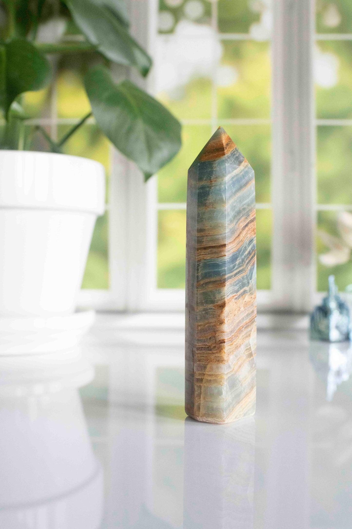 Beautiful Blue Onyx Tower 6 1/2" , Blue Lemurian Tower, Blue Lemurian Aquatine Calcite Crystal Tower, Blue Crystals, Banded Onyx Tower